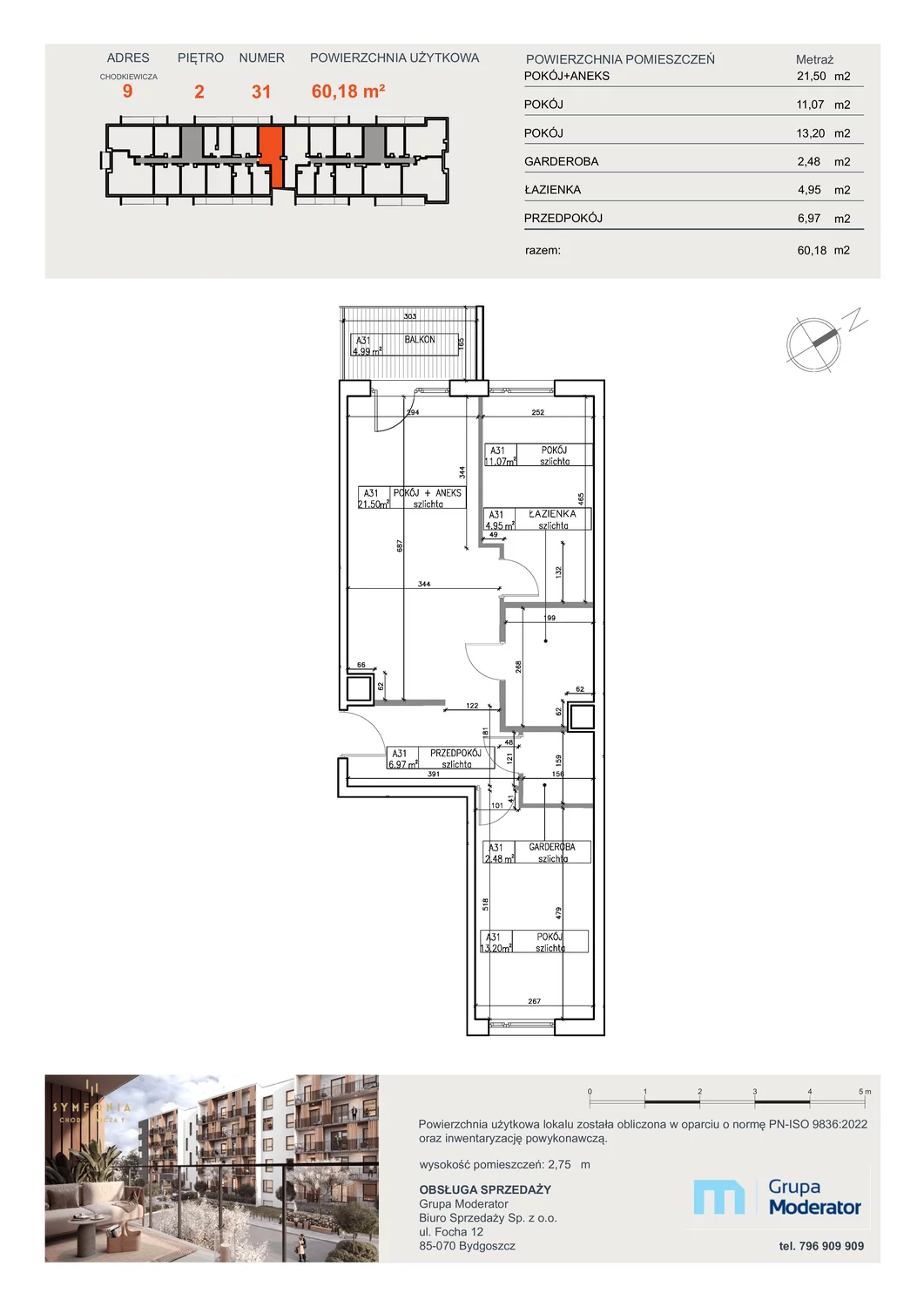 3 pokoje, mieszkanie 60,18 m², piętro 2, oferta nr A31, Osiedle Symfonia, Bydgoszcz, Bielawy, ul. Jana Karola Chodkiewicza 9