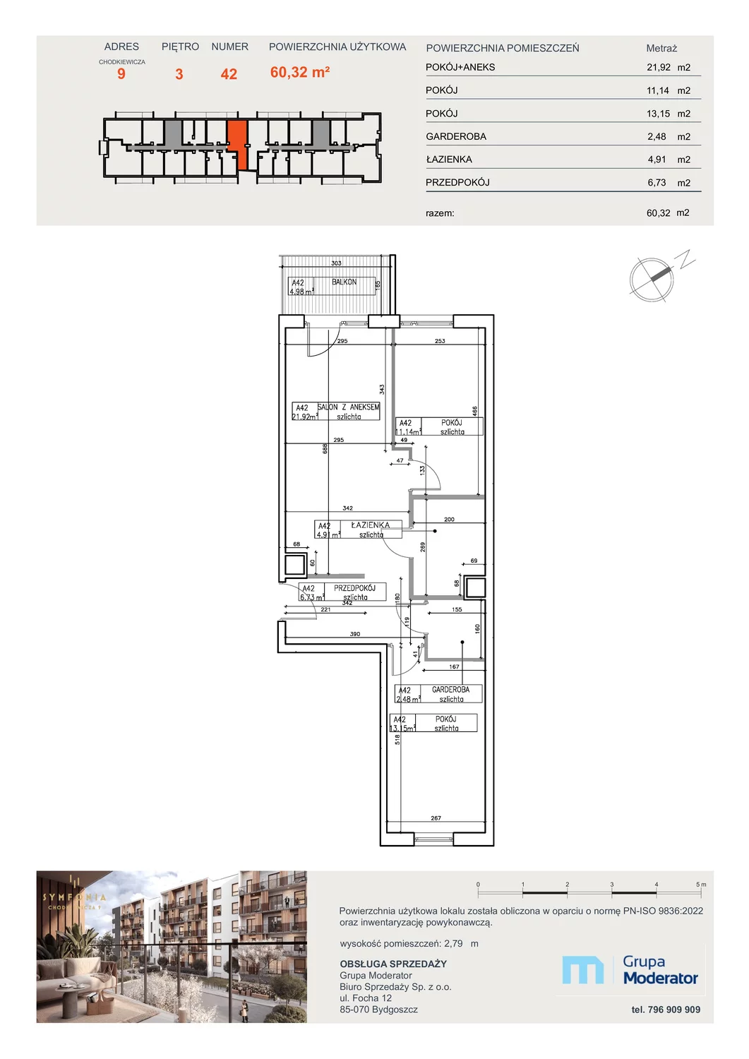 Mieszkanie 60,32 m², piętro 3, oferta nr A42, Osiedle Symfonia, Bydgoszcz, Bielawy, ul. Jana Karola Chodkiewicza 9