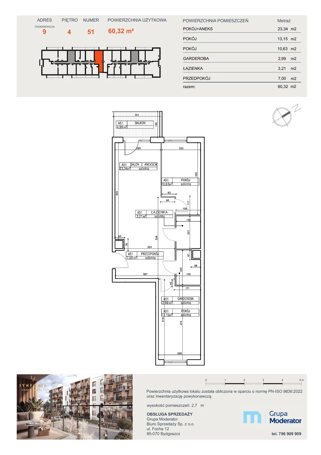 Mieszkanie 60,32 m², piętro 4, oferta nr A51, Osiedle Symfonia, Bydgoszcz, Bielawy, ul. Jana Karola Chodkiewicza 9