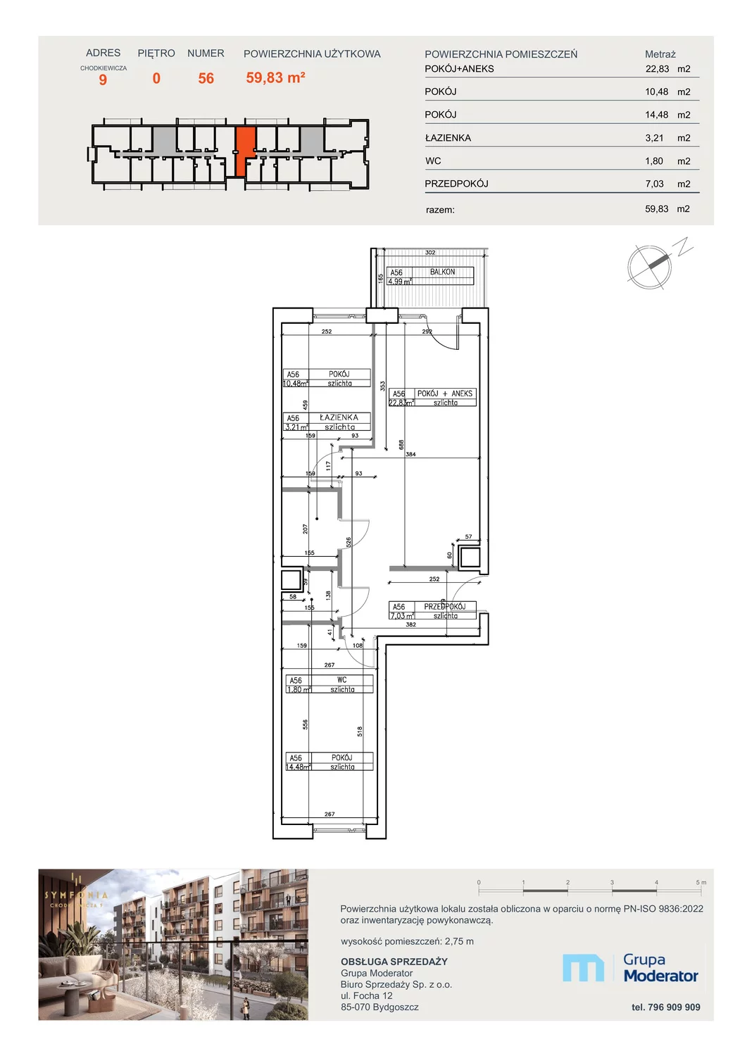 3 pokoje, apartament 59,83 m², parter, oferta nr A56, Osiedle Symfonia, Bydgoszcz, Bielawy, ul. Jana Karola Chodkiewicza 9