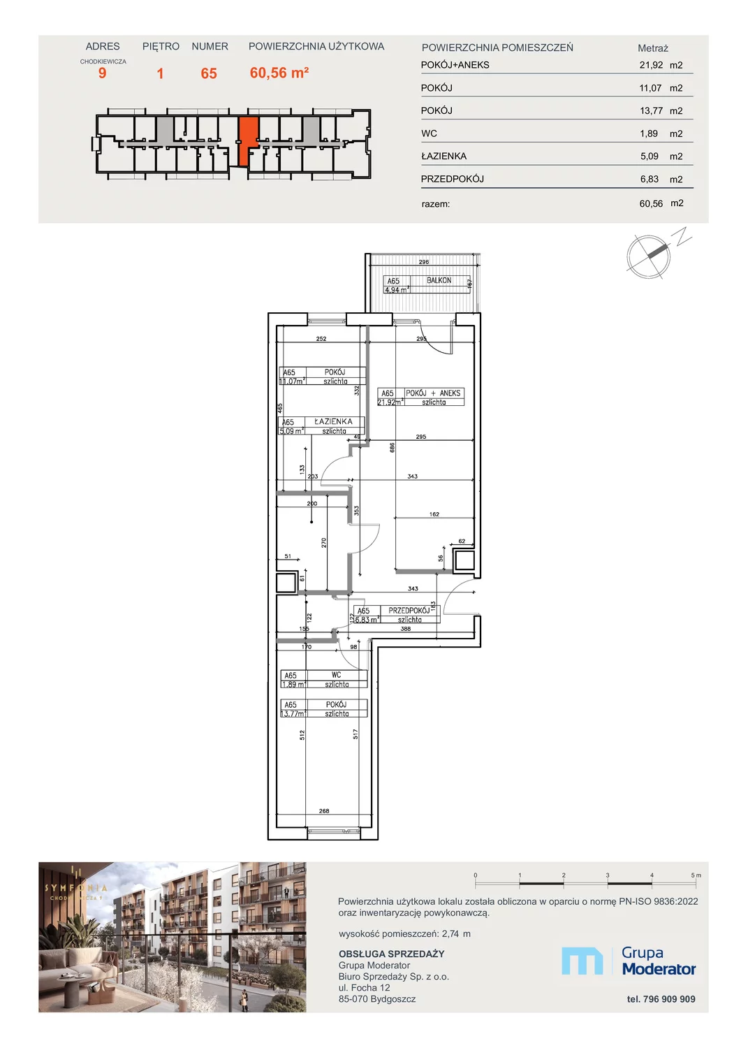 3 pokoje, apartament 60,56 m², piętro 1, oferta nr A65, Osiedle Symfonia, Bydgoszcz, Bielawy, ul. Jana Karola Chodkiewicza 9