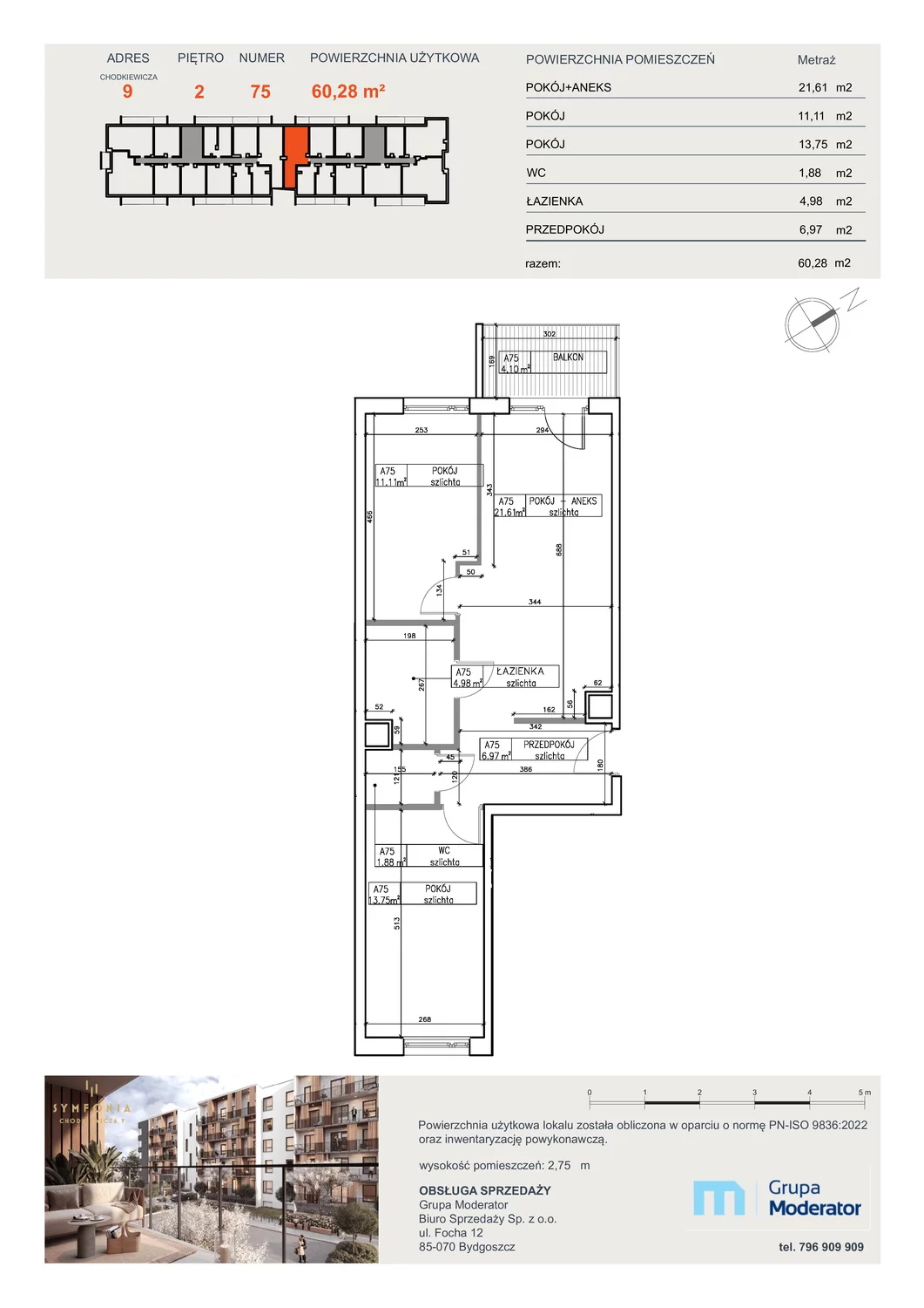 Mieszkanie 60,28 m², piętro 2, oferta nr A75, Osiedle Symfonia, Bydgoszcz, Bielawy, ul. Jana Karola Chodkiewicza 9