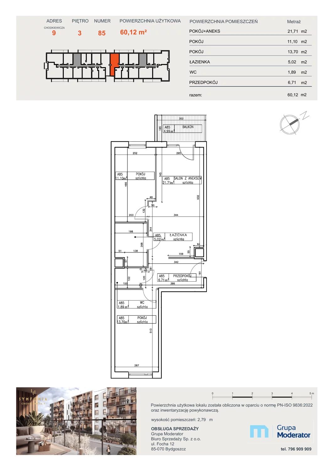 3 pokoje, mieszkanie 60,12 m², piętro 3, oferta nr A85, Osiedle Symfonia, Bydgoszcz, Bielawy, ul. Jana Karola Chodkiewicza 9