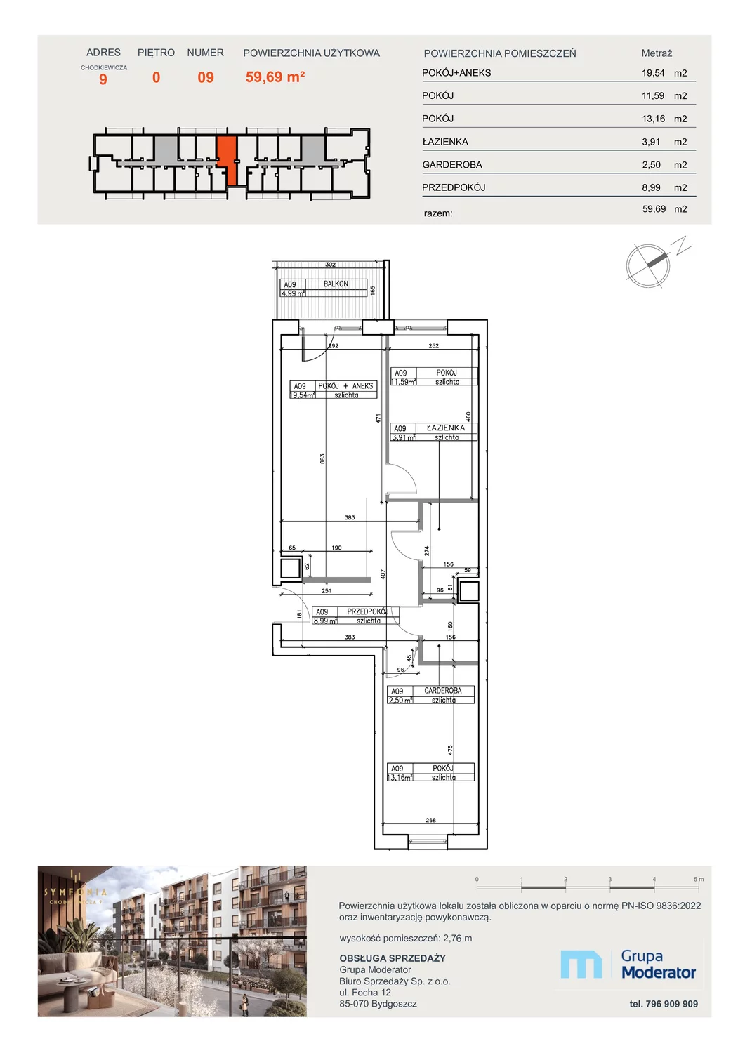 3 pokoje, mieszkanie 59,69 m², parter, oferta nr A9, Osiedle Symfonia, Bydgoszcz, Bielawy, ul. Jana Karola Chodkiewicza 9