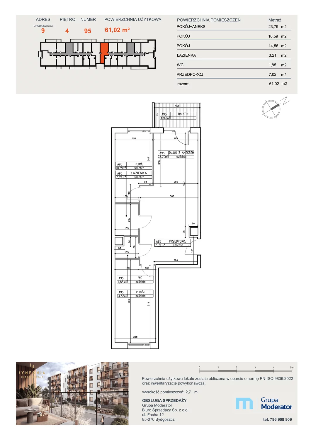 3 pokoje, mieszkanie 61,02 m², piętro 4, oferta nr A95, Osiedle Symfonia, Bydgoszcz, Bielawy, ul. Jana Karola Chodkiewicza 9