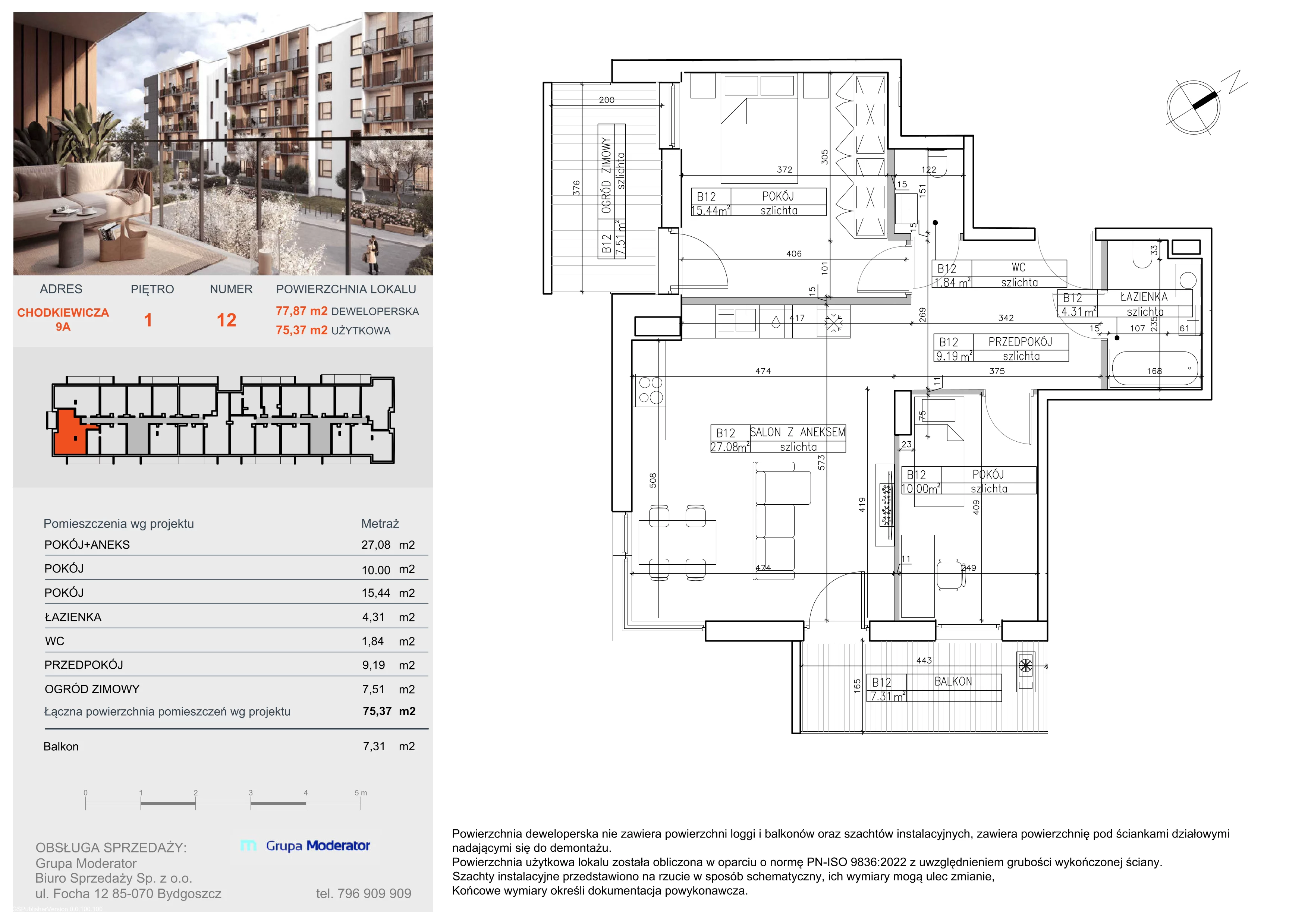 3 pokoje, apartament 75,37 m², piętro 1, oferta nr B12, Osiedle Symfonia, Bydgoszcz, Bielawy, ul. Jana Karola Chodkiewicza 9