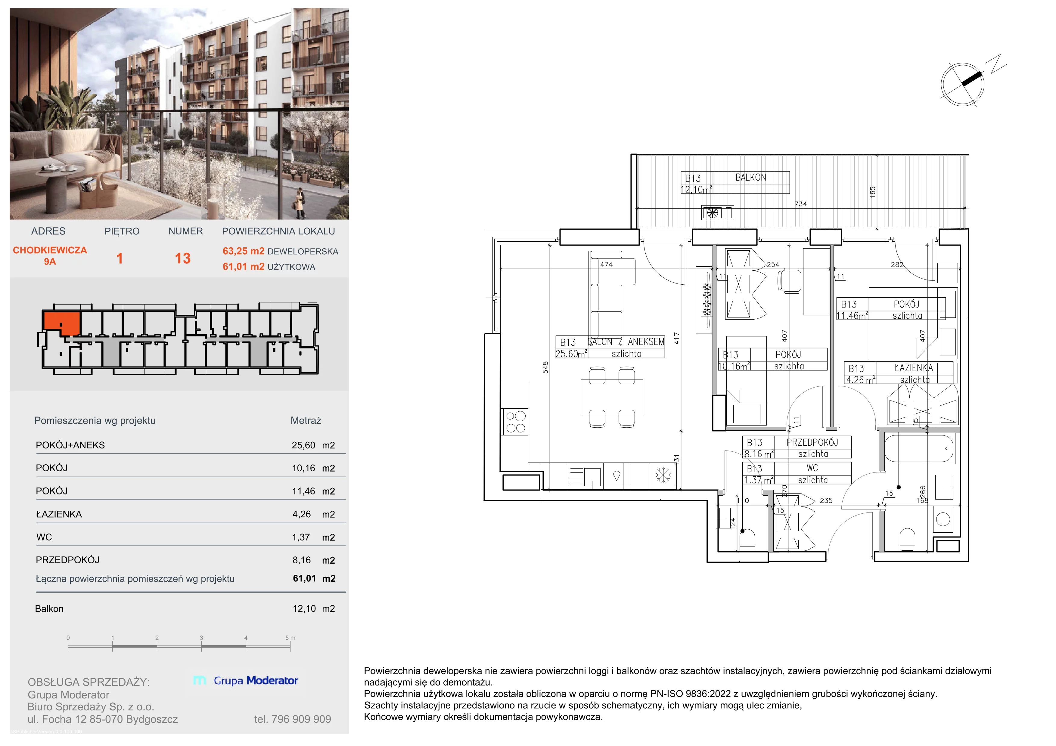 3 pokoje, mieszkanie 61,01 m², piętro 1, oferta nr B13, Osiedle Symfonia, Bydgoszcz, Bielawy, ul. Jana Karola Chodkiewicza 9