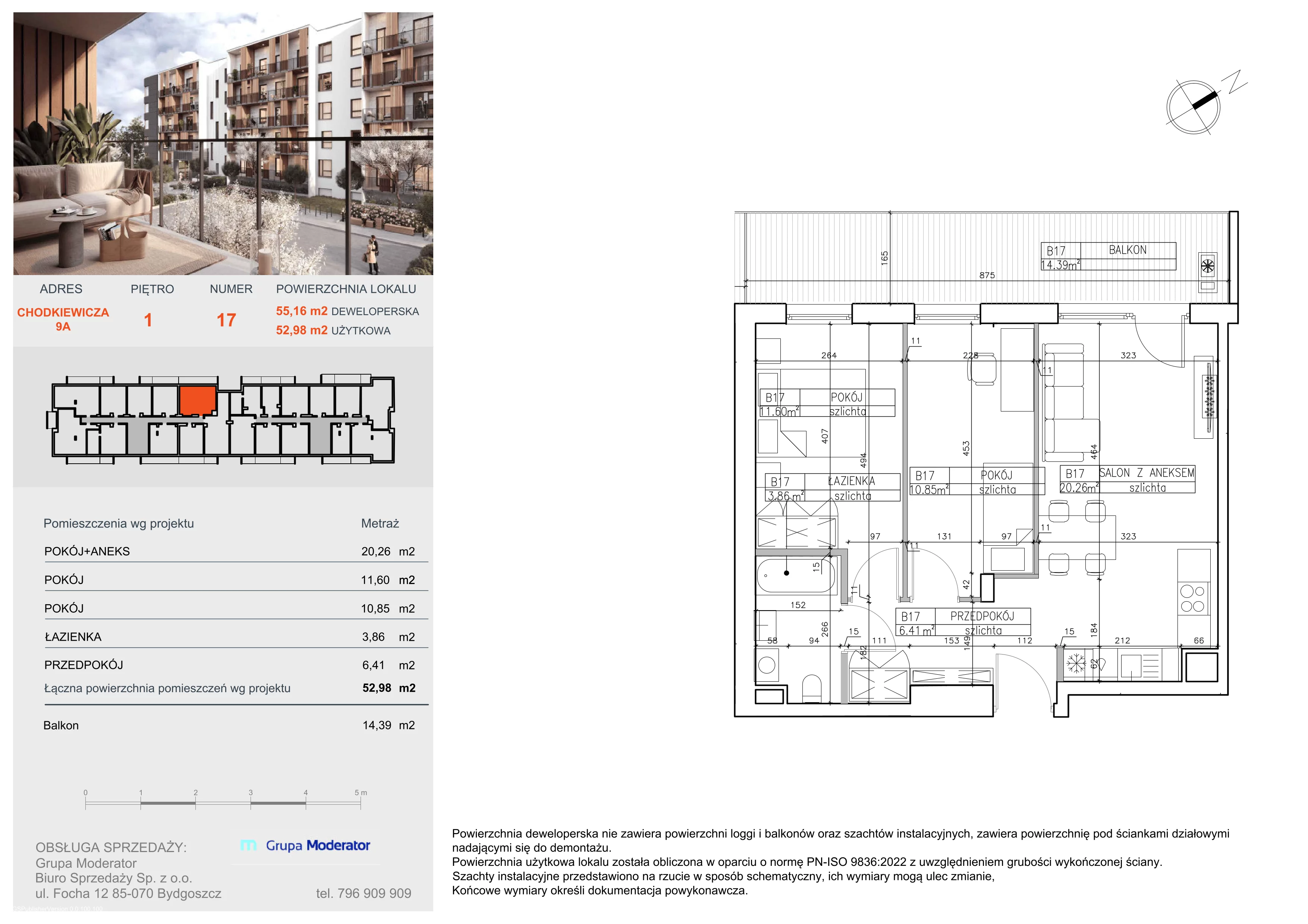 3 pokoje, mieszkanie 52,98 m², piętro 1, oferta nr B17, Osiedle Symfonia, Bydgoszcz, Bielawy, ul. Jana Karola Chodkiewicza 9