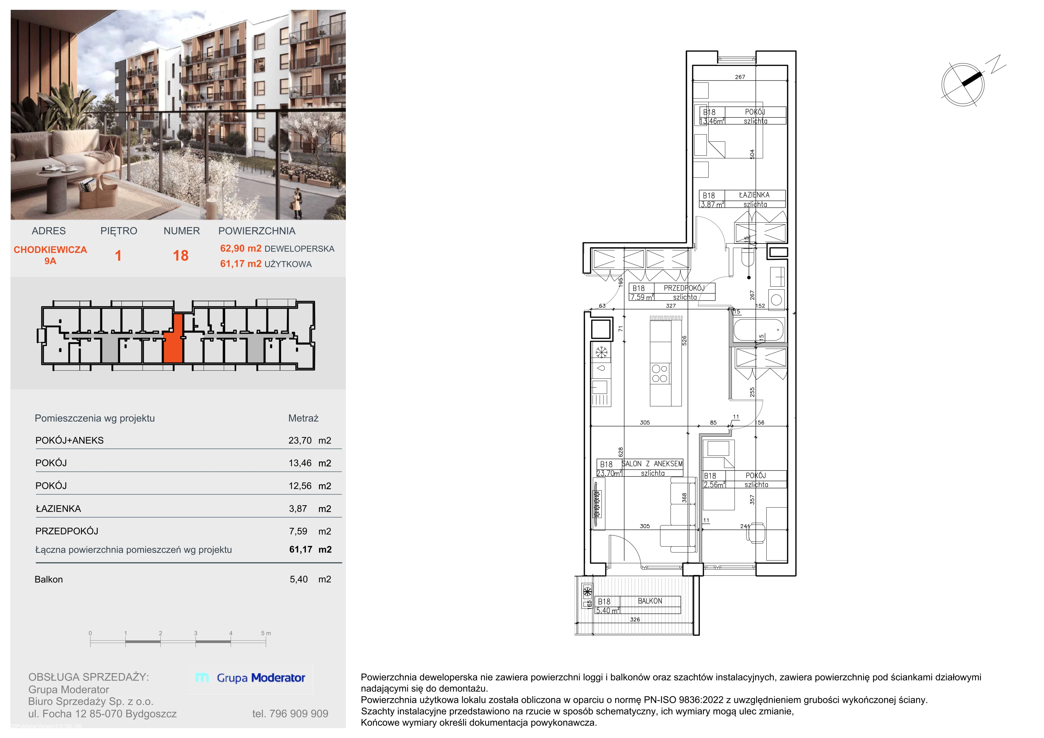 3 pokoje, mieszkanie 61,17 m², piętro 1, oferta nr B18, Osiedle Symfonia, Bydgoszcz, Bielawy, ul. Jana Karola Chodkiewicza 9