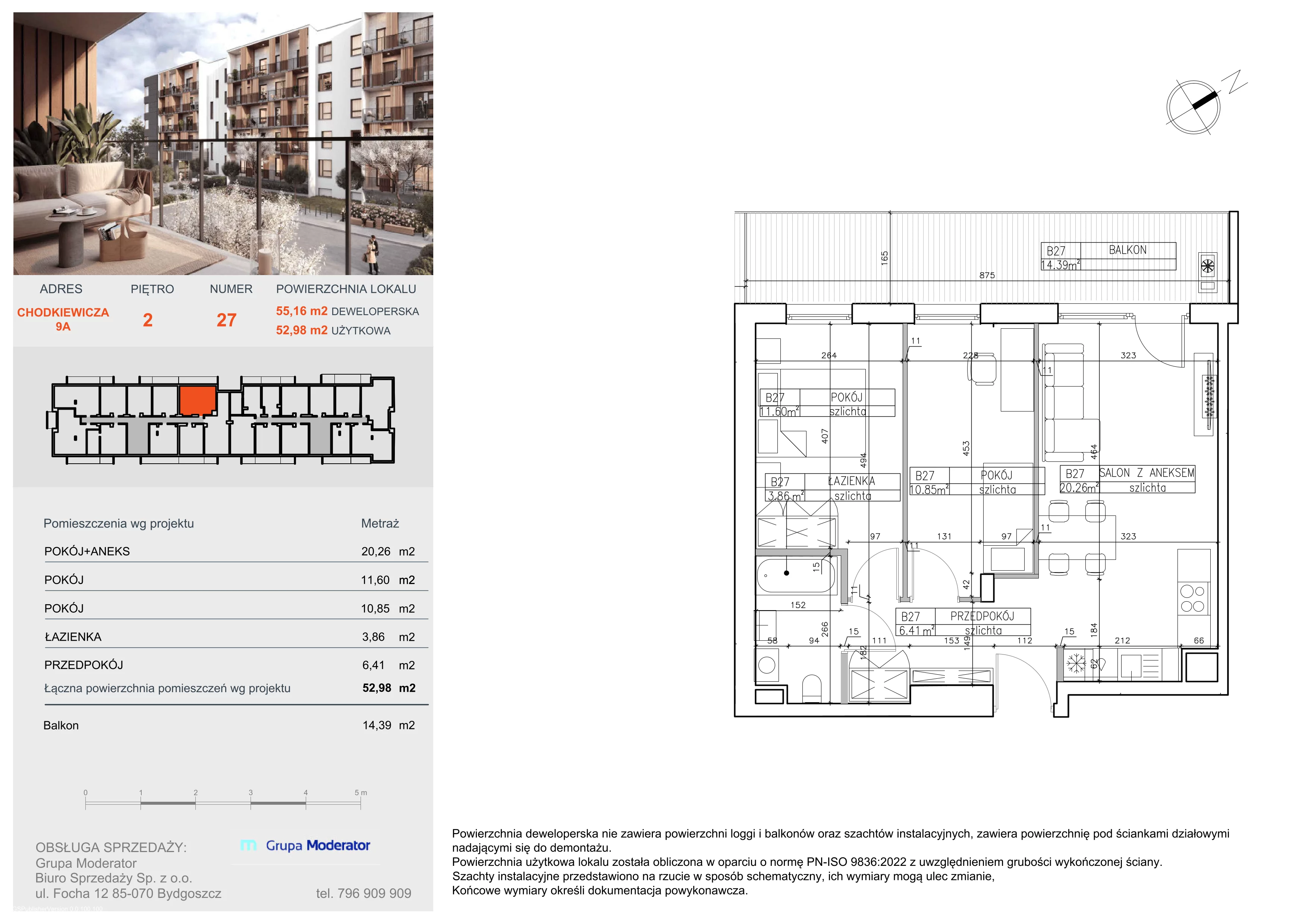 3 pokoje, mieszkanie 52,98 m², piętro 2, oferta nr B27, Osiedle Symfonia, Bydgoszcz, Bielawy, ul. Jana Karola Chodkiewicza 9