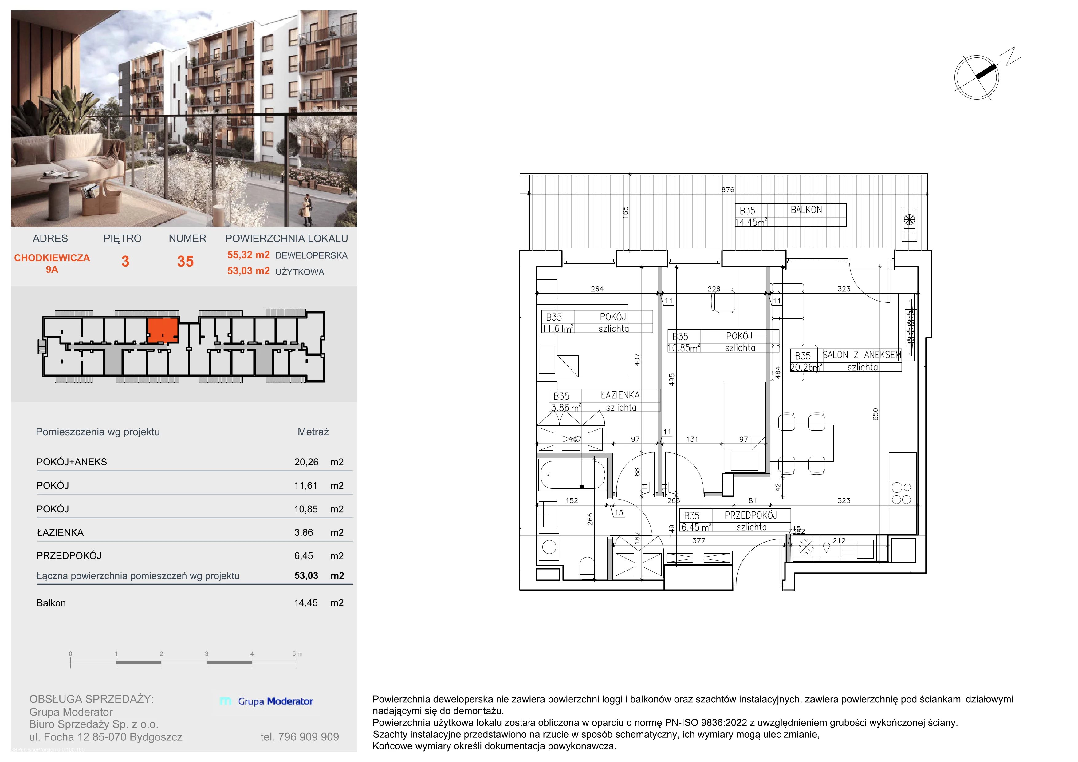 3 pokoje, mieszkanie 53,03 m², piętro 3, oferta nr B35, Osiedle Symfonia, Bydgoszcz, Bielawy, ul. Jana Karola Chodkiewicza 9