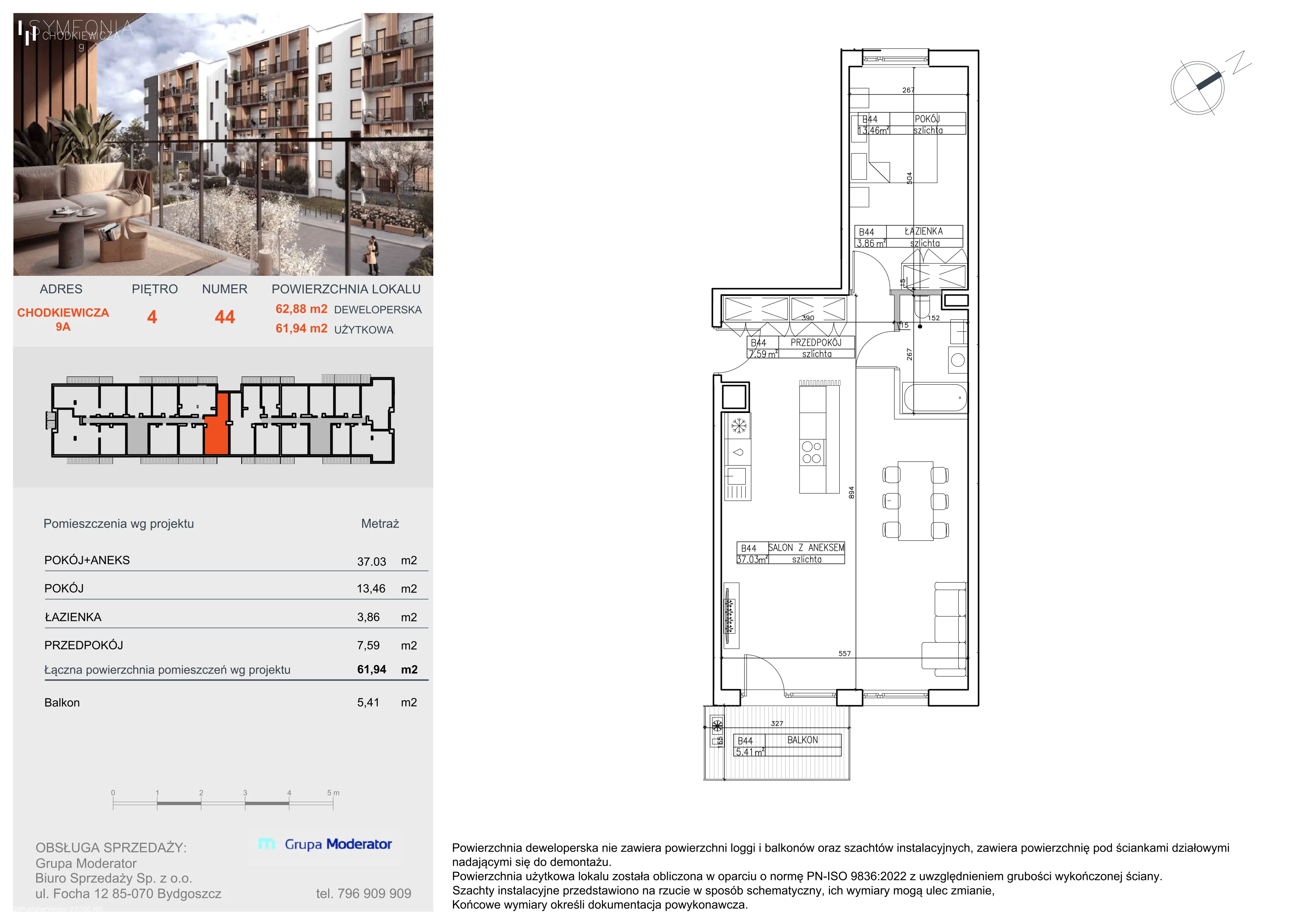 3 pokoje, mieszkanie 61,94 m², piętro 4, oferta nr B44, Osiedle Symfonia, Bydgoszcz, Bielawy, ul. Jana Karola Chodkiewicza 9