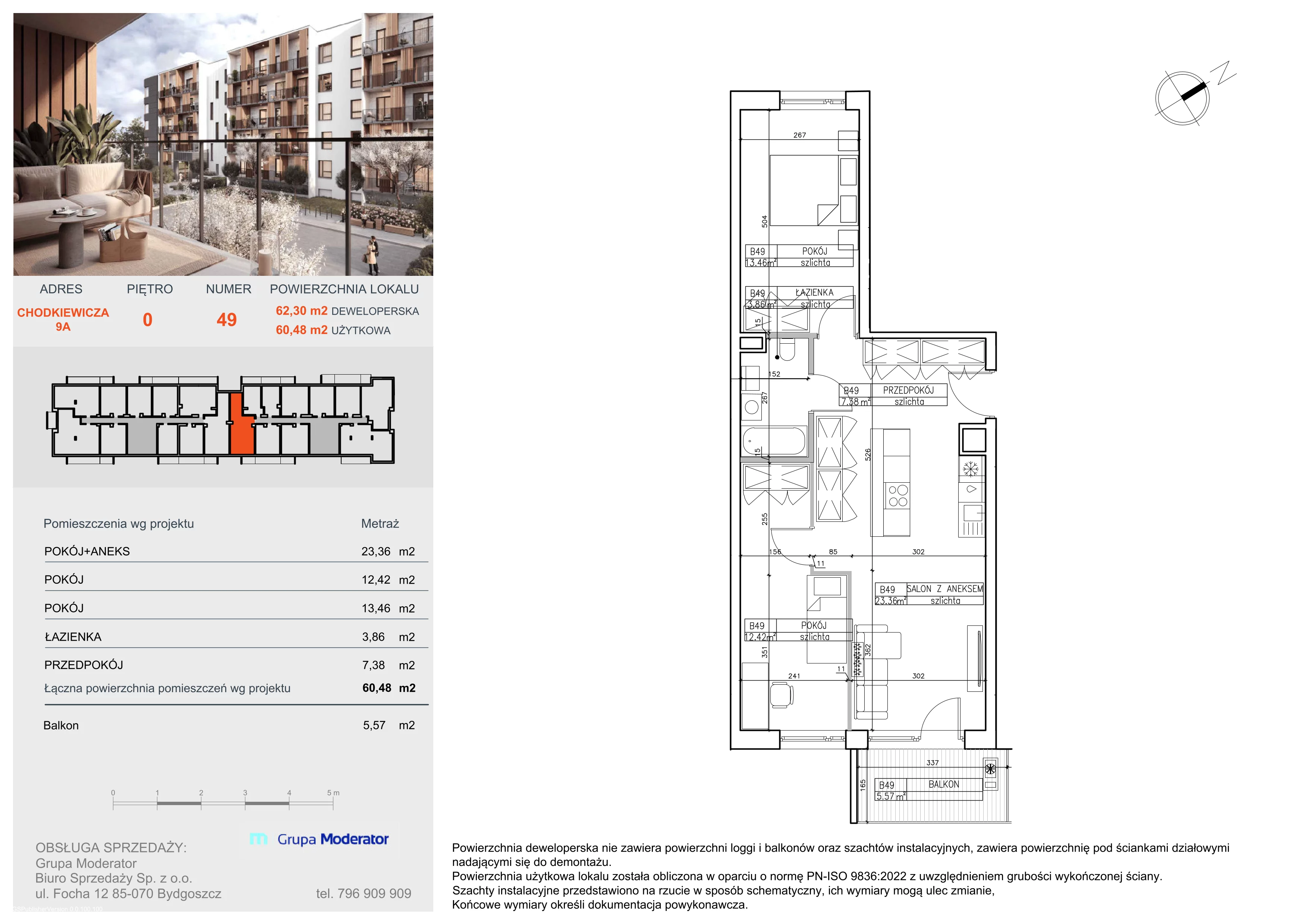 3 pokoje, apartament 60,48 m², parter, oferta nr B49, Osiedle Symfonia, Bydgoszcz, Bielawy, ul. Jana Karola Chodkiewicza 9