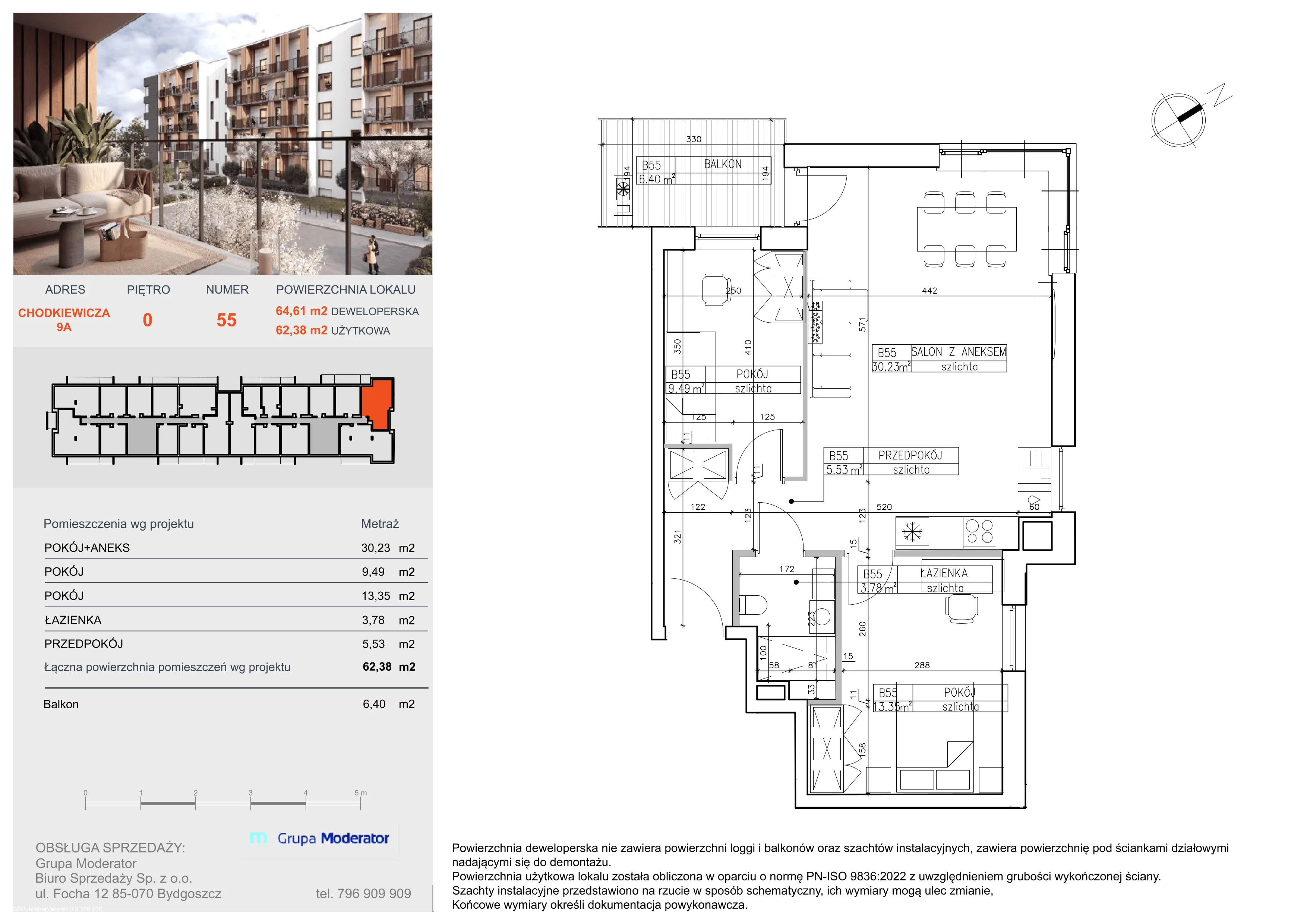 3 pokoje, mieszkanie 62,38 m², parter, oferta nr B55, Osiedle Symfonia, Bydgoszcz, Bielawy, ul. Jana Karola Chodkiewicza 9