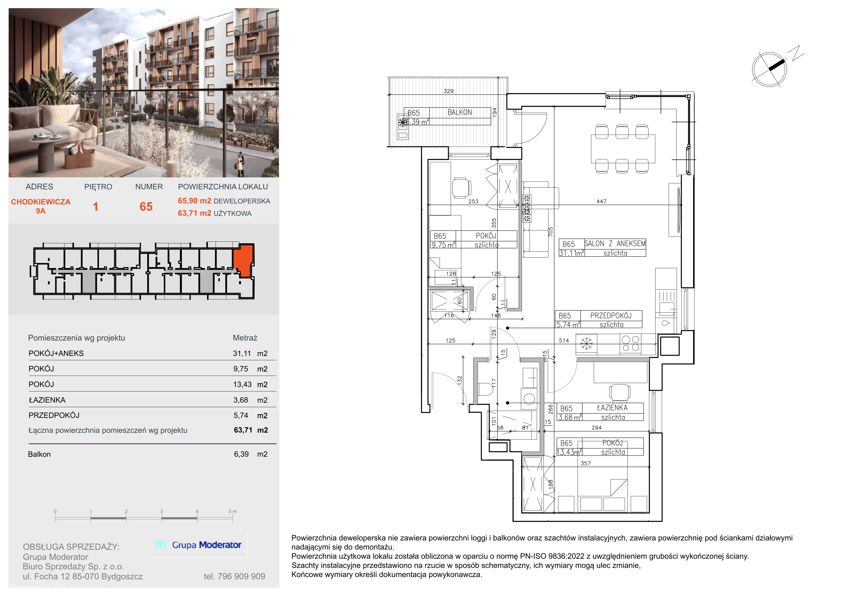 3 pokoje, mieszkanie 63,71 m², piętro 1, oferta nr B65, Osiedle Symfonia, Bydgoszcz, Bielawy, ul. Jana Karola Chodkiewicza 9