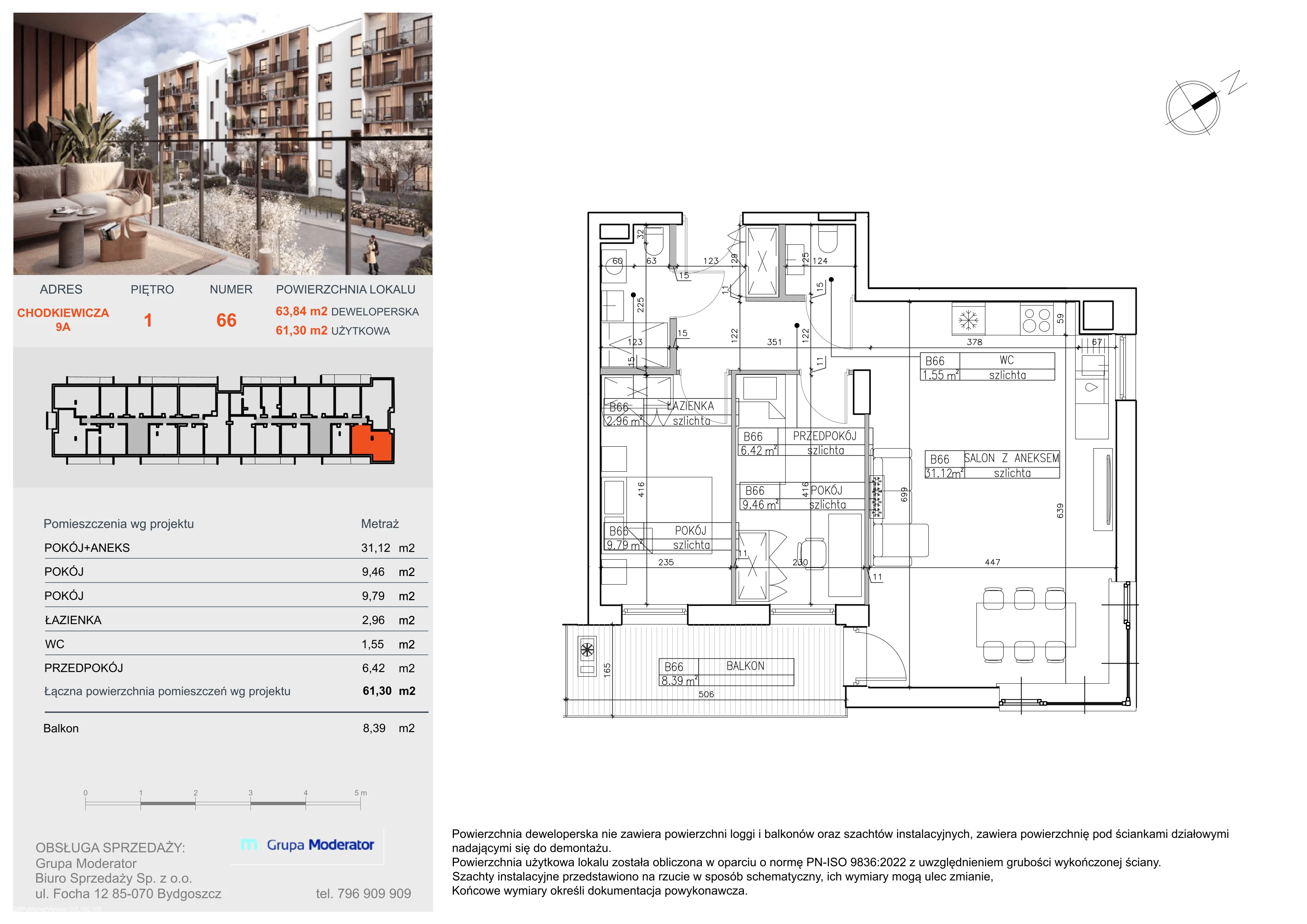 3 pokoje, apartament 61,30 m², piętro 1, oferta nr B66, Osiedle Symfonia, Bydgoszcz, Bielawy, ul. Jana Karola Chodkiewicza 9