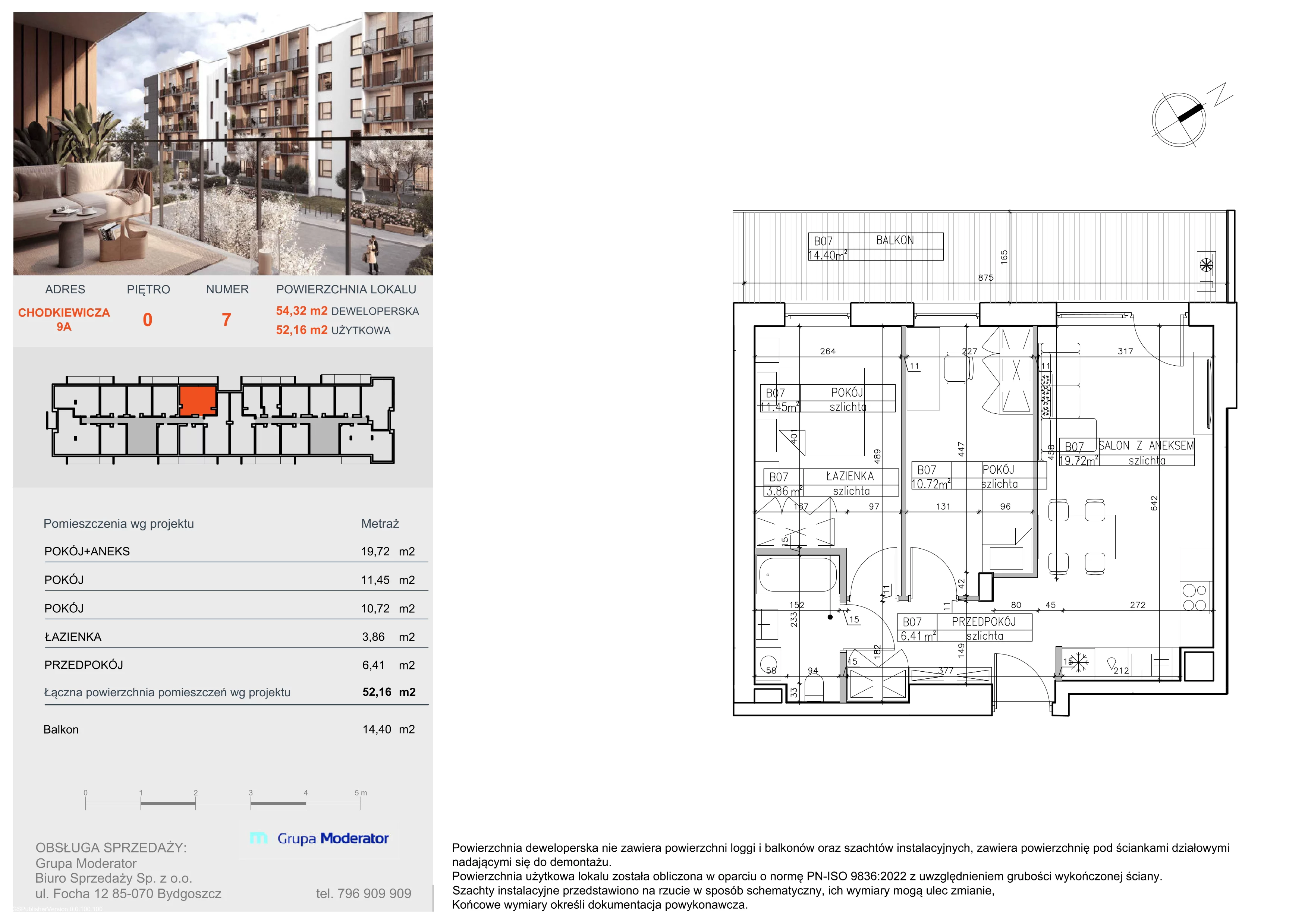 3 pokoje, mieszkanie 52,16 m², parter, oferta nr B7, Osiedle Symfonia, Bydgoszcz, Bielawy, ul. Jana Karola Chodkiewicza 9