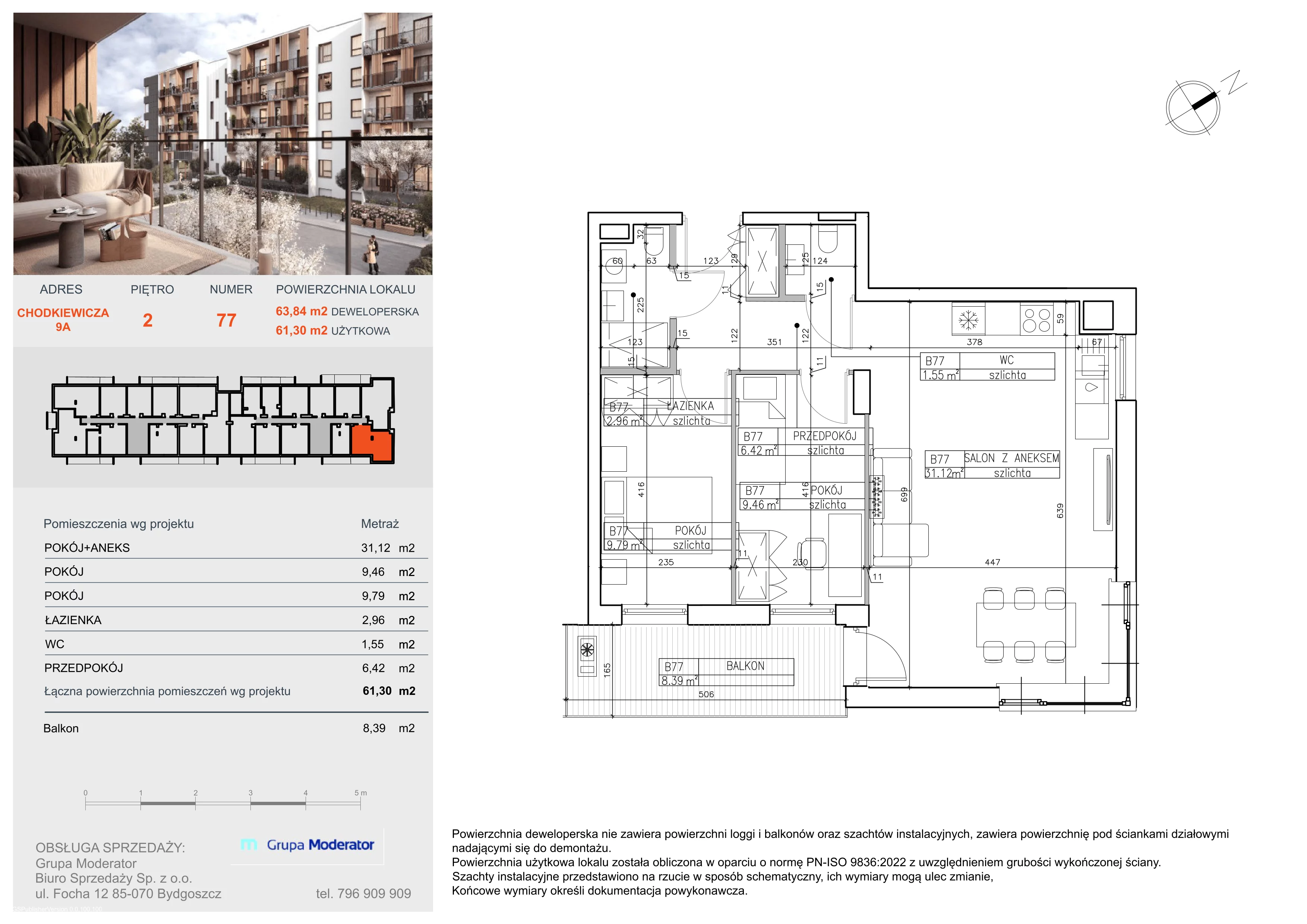 3 pokoje, mieszkanie 61,30 m², piętro 2, oferta nr B77, Osiedle Symfonia, Bydgoszcz, Bielawy, ul. Jana Karola Chodkiewicza 9