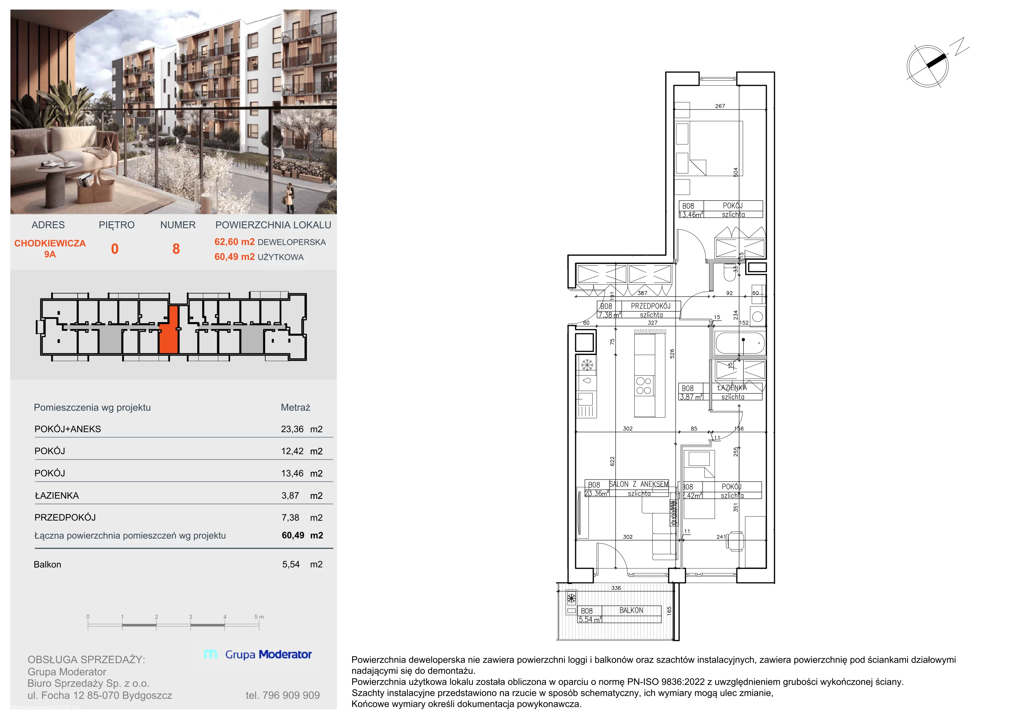 3 pokoje, apartament 60,49 m², parter, oferta nr B8, Osiedle Symfonia, Bydgoszcz, Bielawy, ul. Jana Karola Chodkiewicza 9