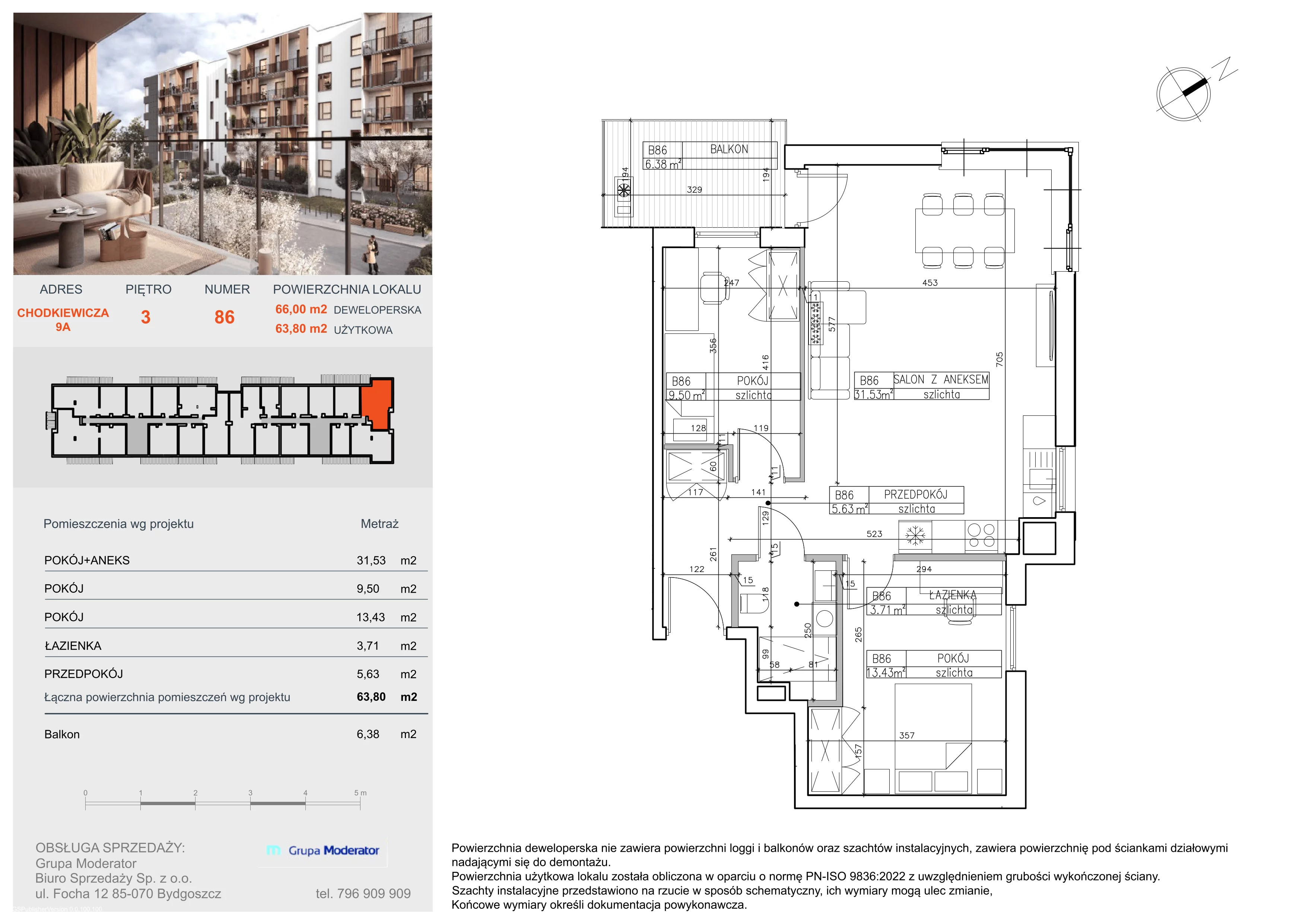 3 pokoje, mieszkanie 63,80 m², piętro 3, oferta nr B86, Osiedle Symfonia, Bydgoszcz, Bielawy, ul. Jana Karola Chodkiewicza 9