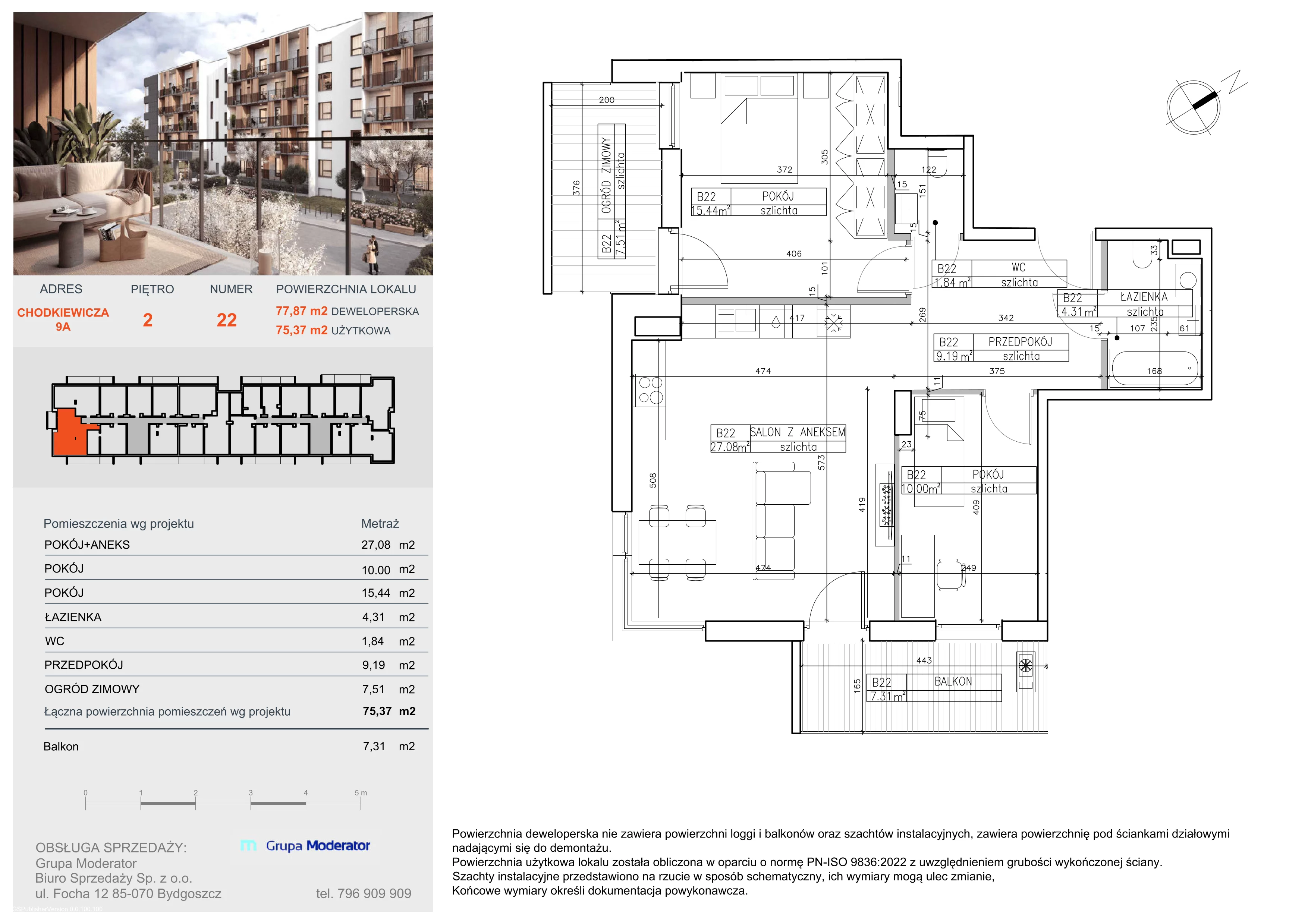 3 pokoje, mieszkanie 75,37 m², piętro 2, oferta nr B22, Osiedle Symfonia, Bydgoszcz, Bielawy, ul. Jana Karola Chodkiewicza 9