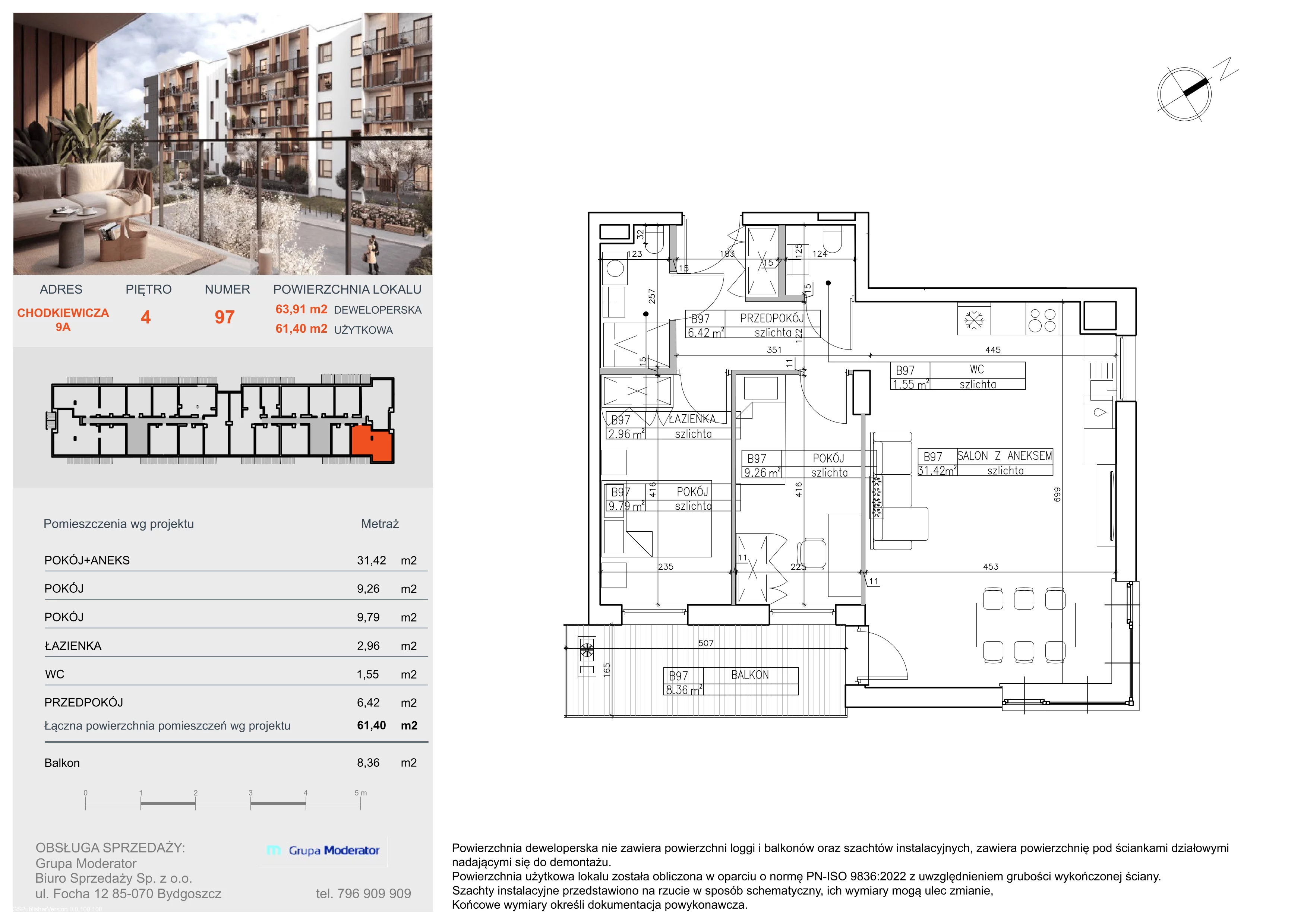 3 pokoje, mieszkanie 61,40 m², piętro 4, oferta nr B97, Osiedle Symfonia, Bydgoszcz, Bielawy, ul. Jana Karola Chodkiewicza 9