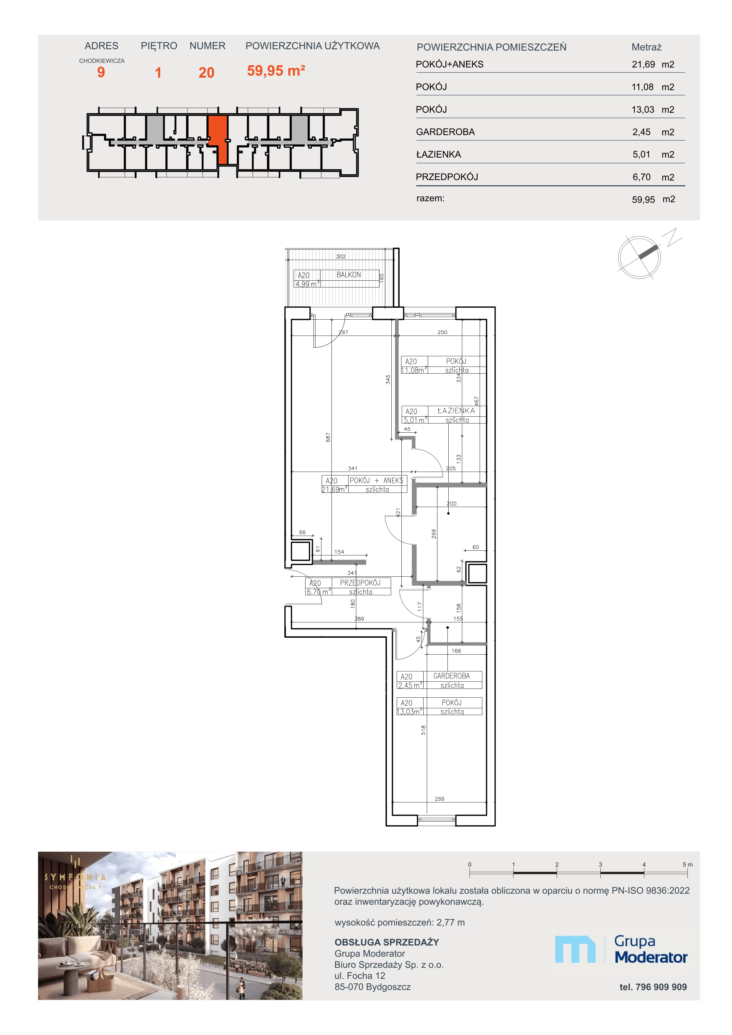 3 pokoje, apartament 59,95 m², piętro 1, oferta nr A20, Osiedle Symfonia, Bydgoszcz, Bielawy, ul. Jana Karola Chodkiewicza 9