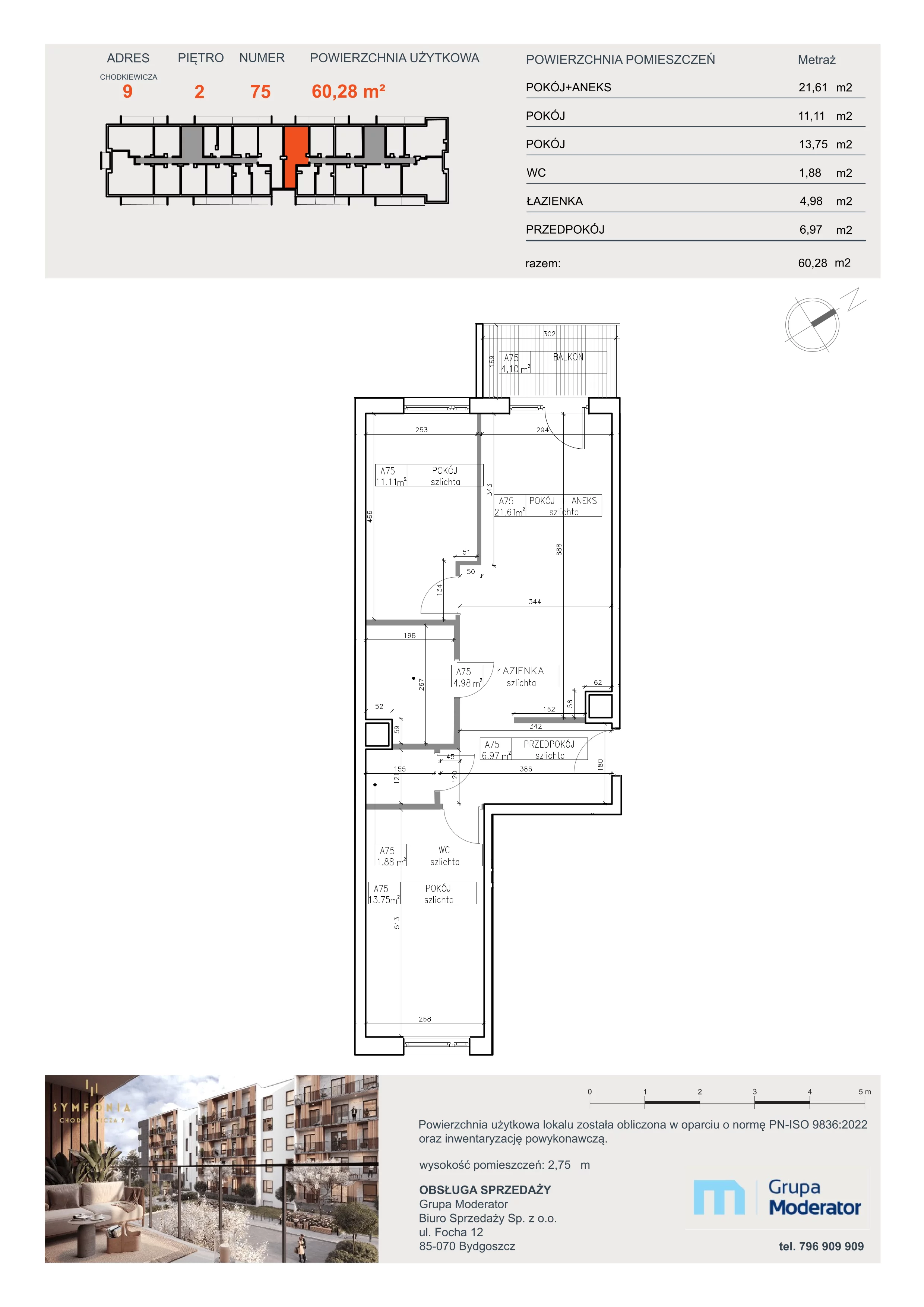 3 pokoje, apartament 60,28 m², piętro 2, oferta nr A75, Osiedle Symfonia, Bydgoszcz, Bielawy, ul. Jana Karola Chodkiewicza 9