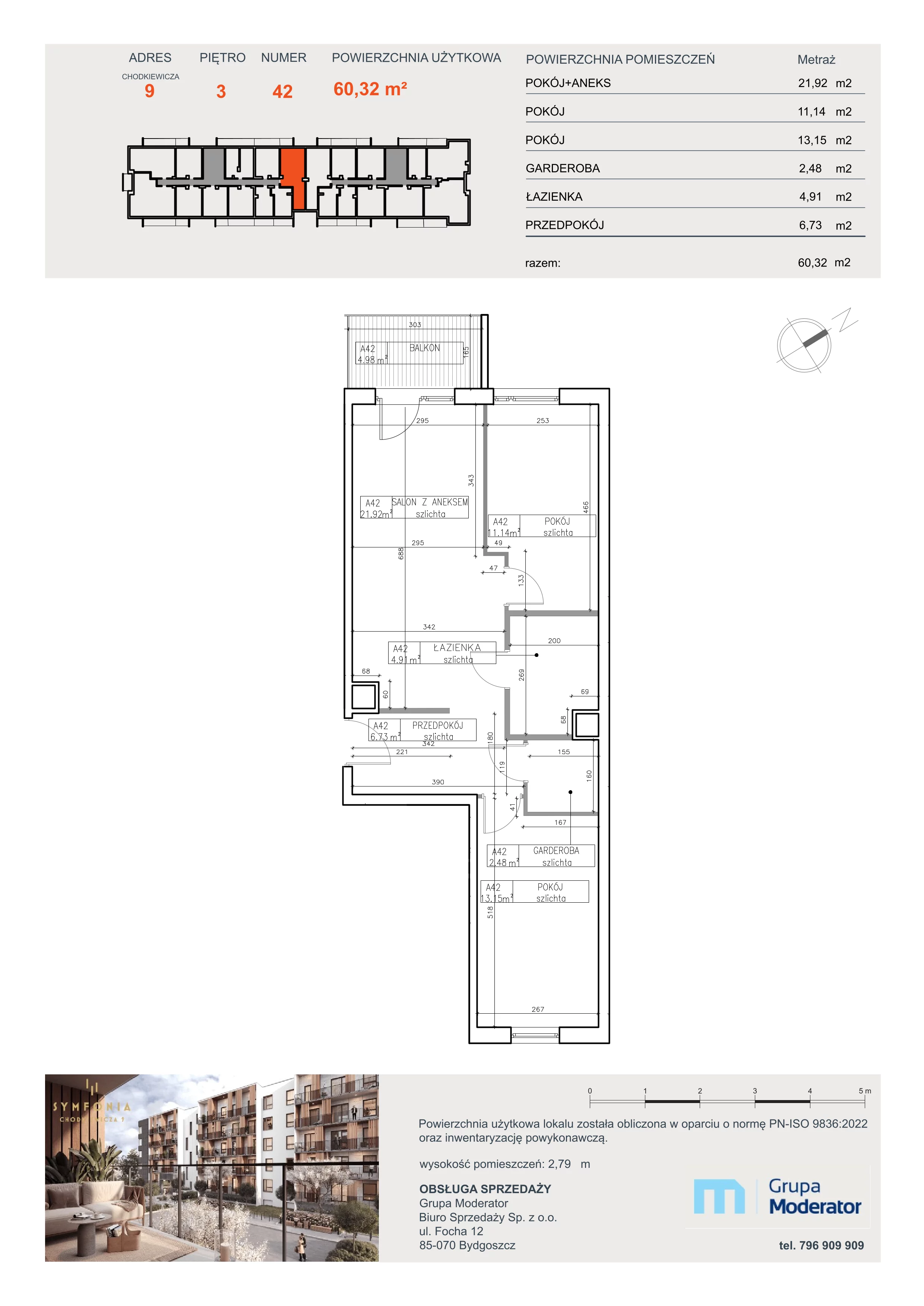 3 pokoje, apartament 60,32 m², piętro 3, oferta nr A42, Osiedle Symfonia, Bydgoszcz, Bielawy, ul. Jana Karola Chodkiewicza 9