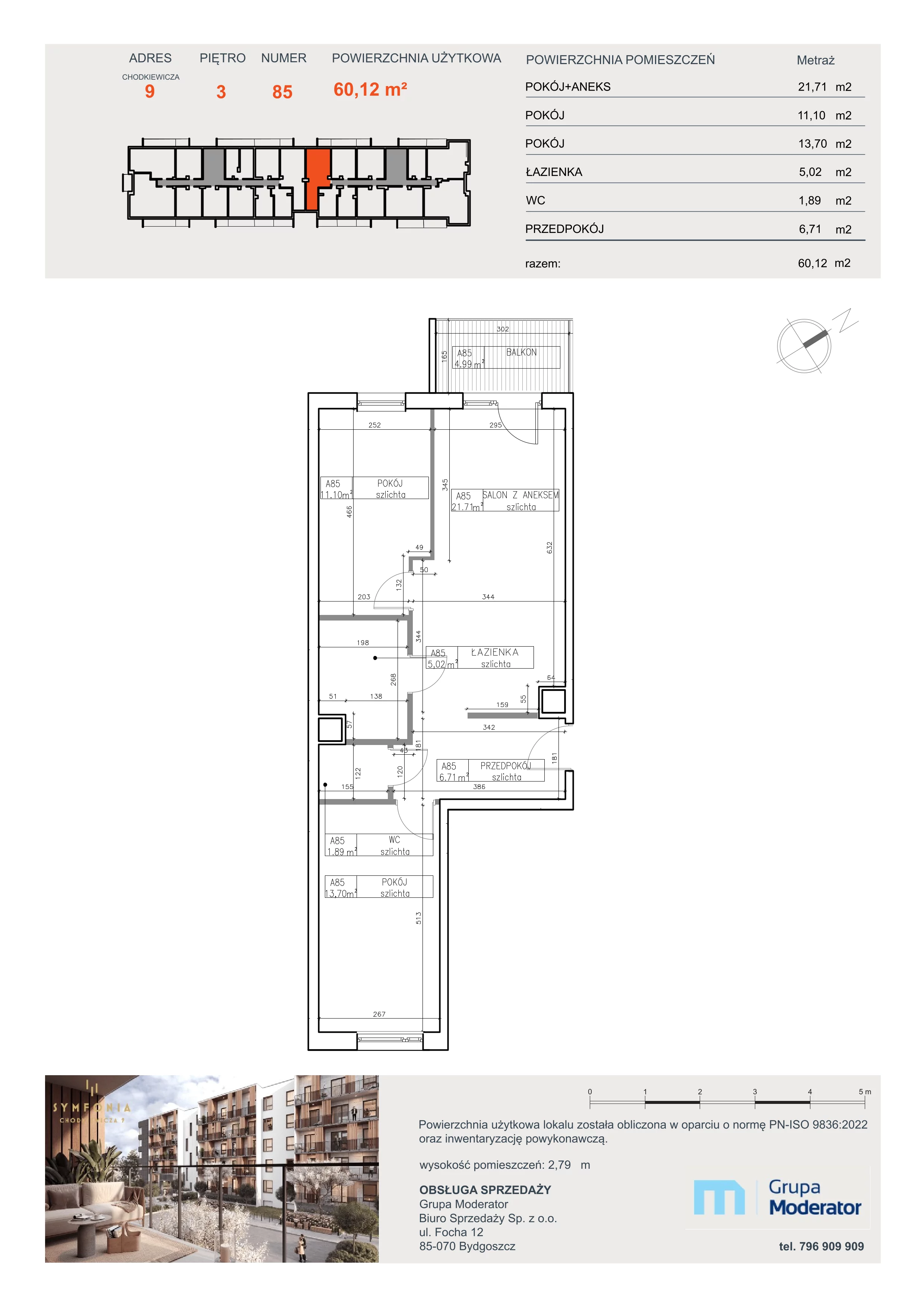 3 pokoje, apartament 60,12 m², piętro 3, oferta nr A85, Osiedle Symfonia, Bydgoszcz, Bielawy, ul. Jana Karola Chodkiewicza 9