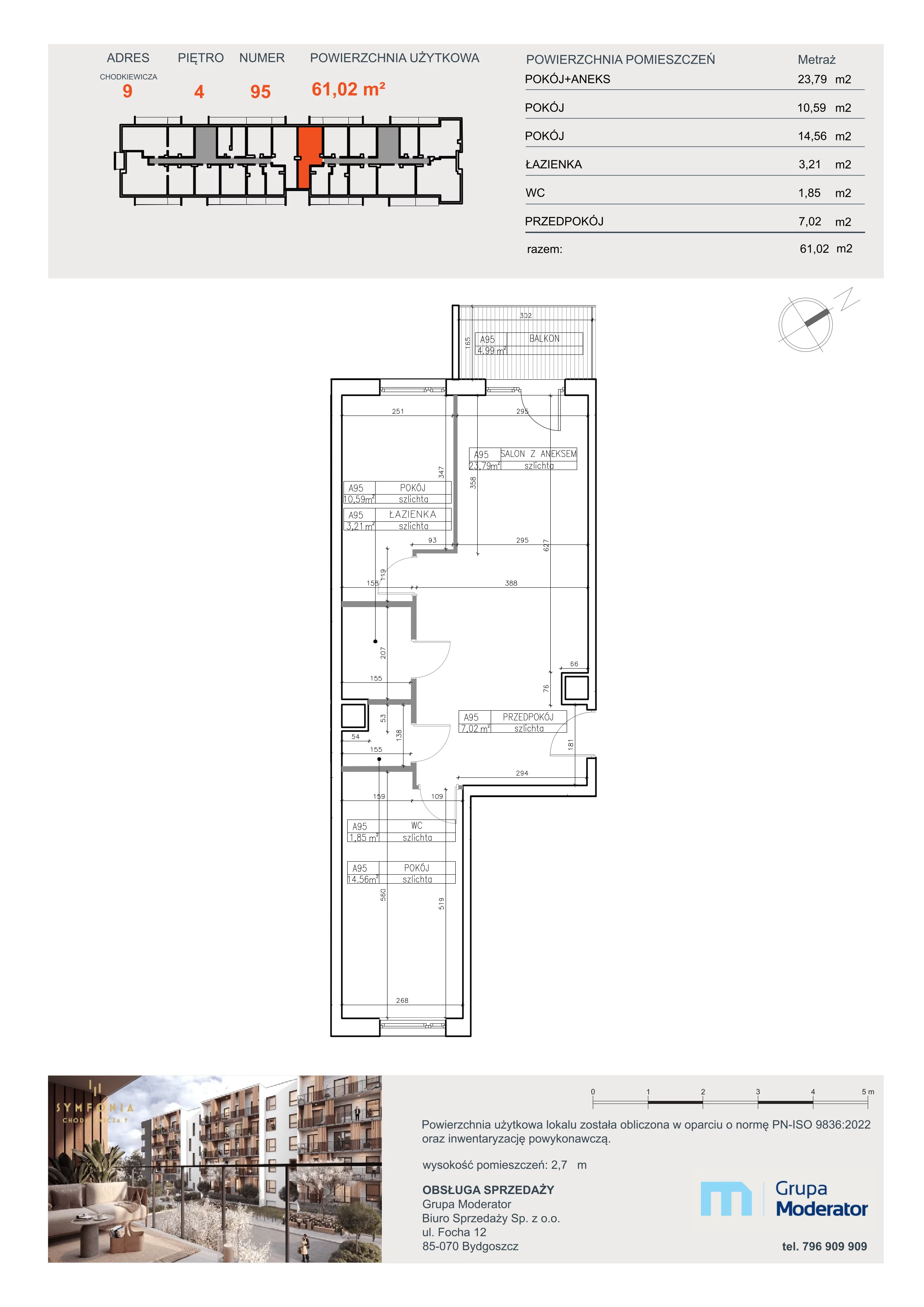 3 pokoje, apartament 61,02 m², piętro 4, oferta nr A95, Osiedle Symfonia, Bydgoszcz, Bielawy, ul. Jana Karola Chodkiewicza 9