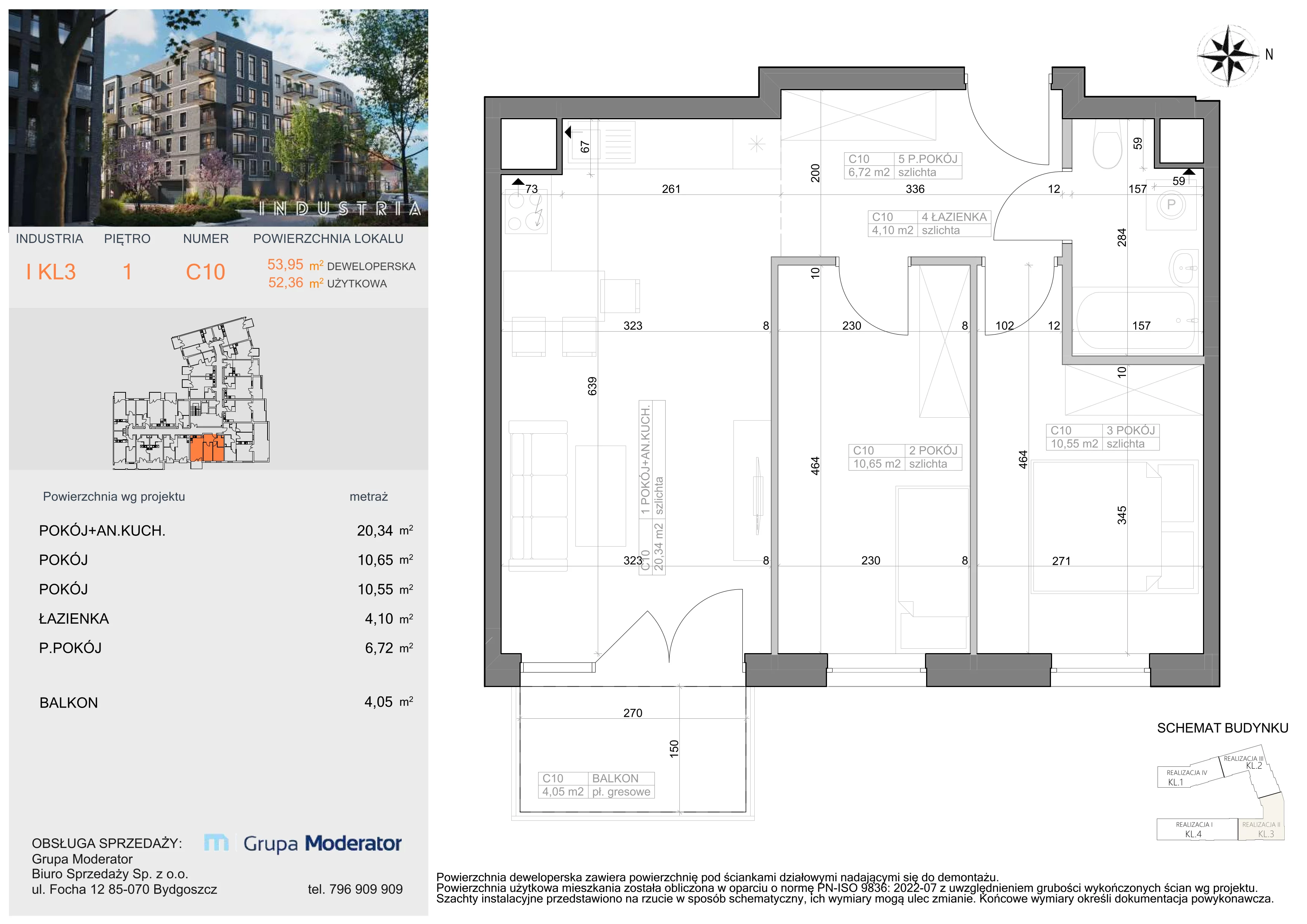 Mieszkanie 52,36 m², piętro 1, oferta nr I-C10, Industria Budynek I-D, Bydgoszcz, Bocianowo, ul. Rycerska 22