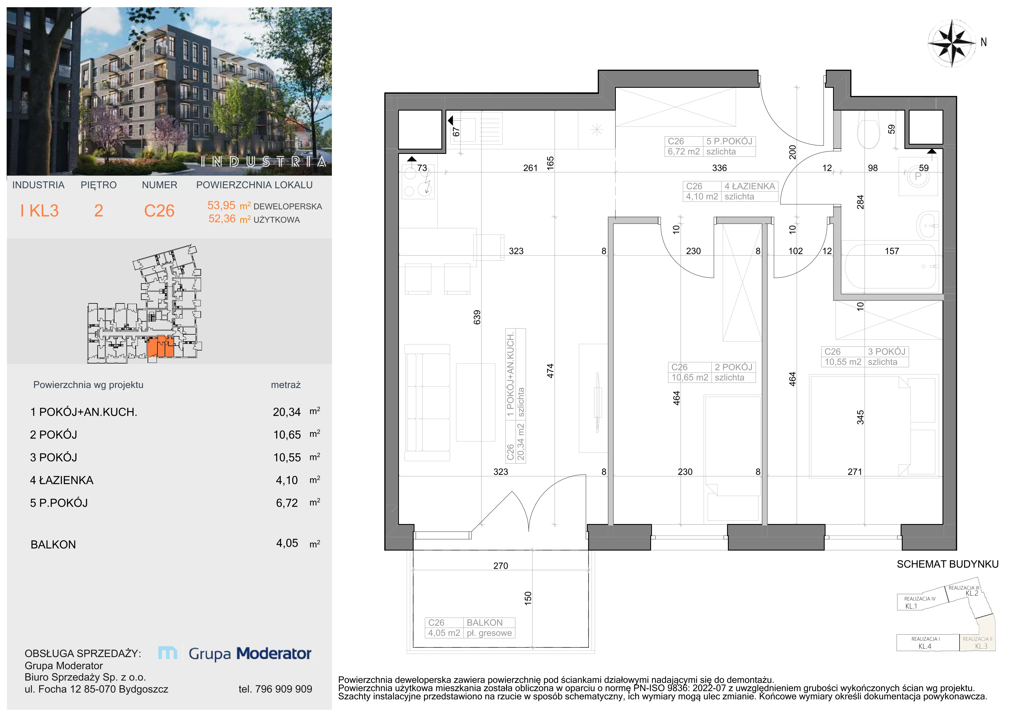 Mieszkanie 52,36 m², piętro 2, oferta nr I-C26, Industria Budynek I-D, Bydgoszcz, Bocianowo, ul. Rycerska 22