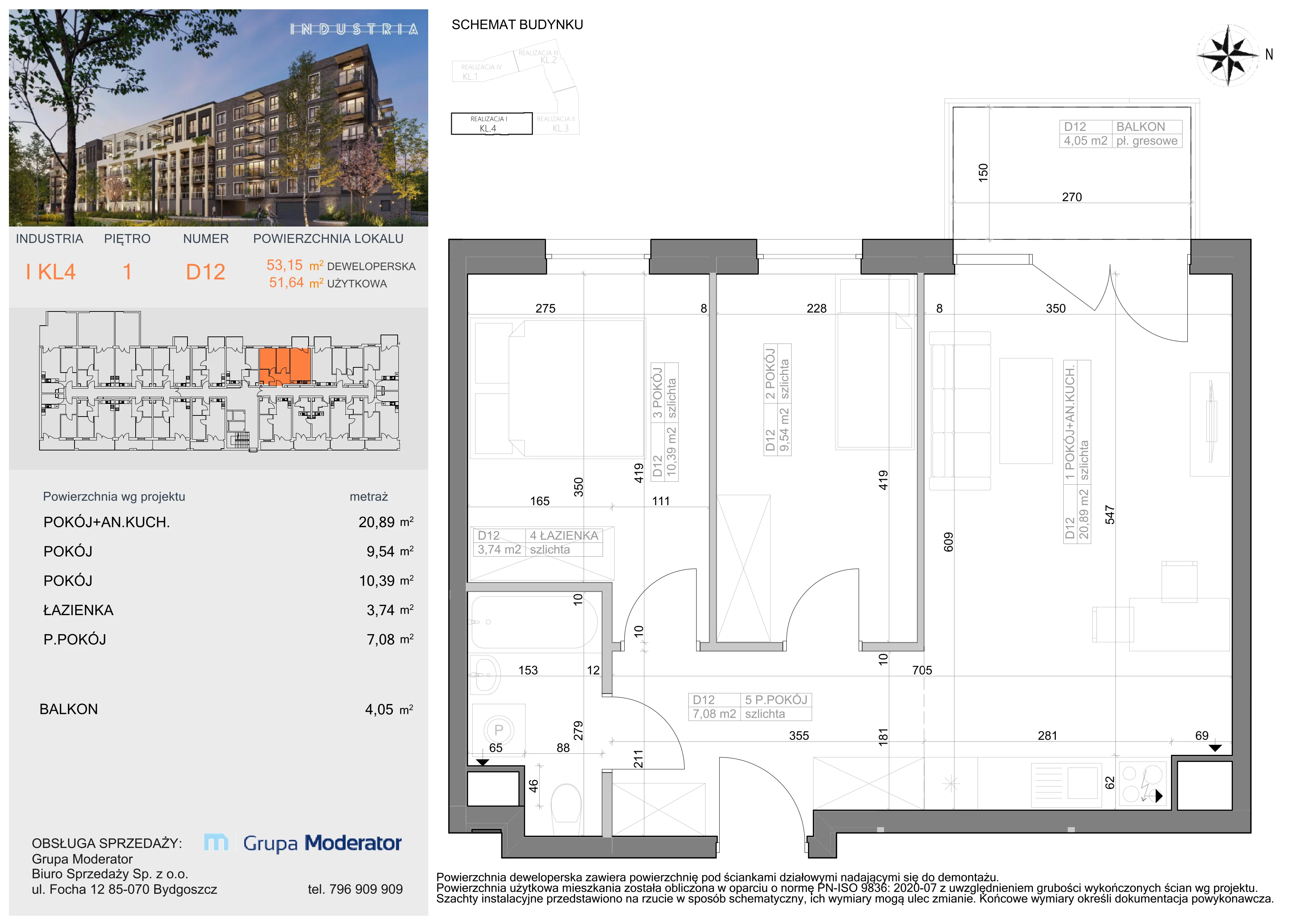 Mieszkanie 51,64 m², piętro 1, oferta nr I-D12, Industria Budynek I-D, Bydgoszcz, Bocianowo, ul. Rycerska 22