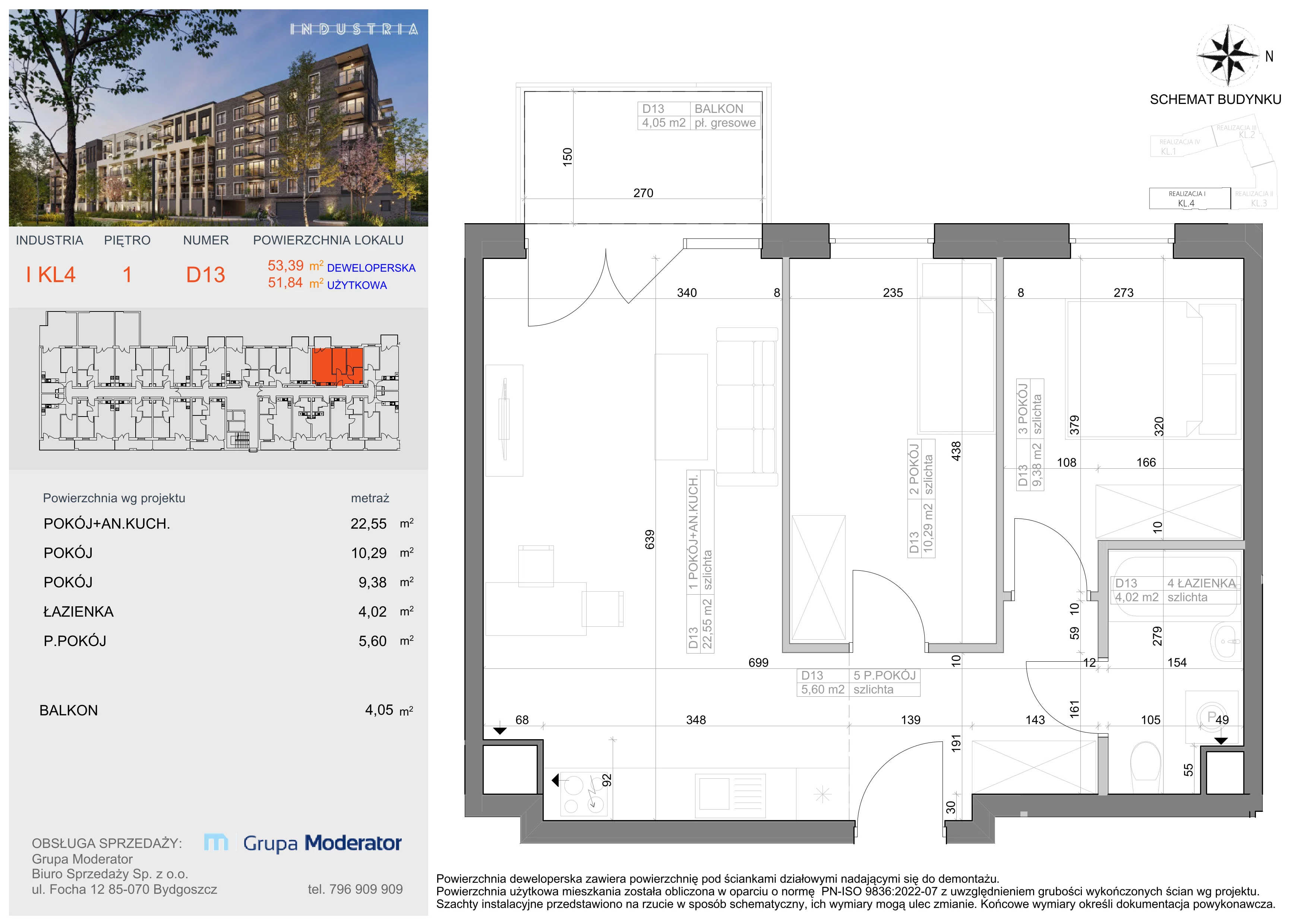 Mieszkanie 51,84 m², piętro 1, oferta nr I-D13, Industria Budynek I-D, Bydgoszcz, Bocianowo, ul. Rycerska 22