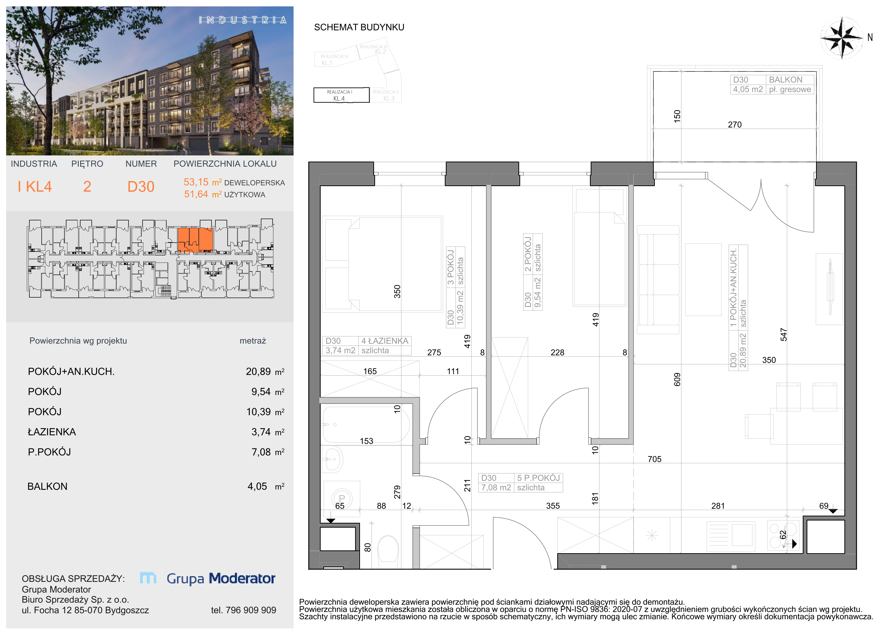 Mieszkanie 51,64 m², piętro 2, oferta nr I-D30, Industria Budynek I-D, Bydgoszcz, Bocianowo, ul. Rycerska 22