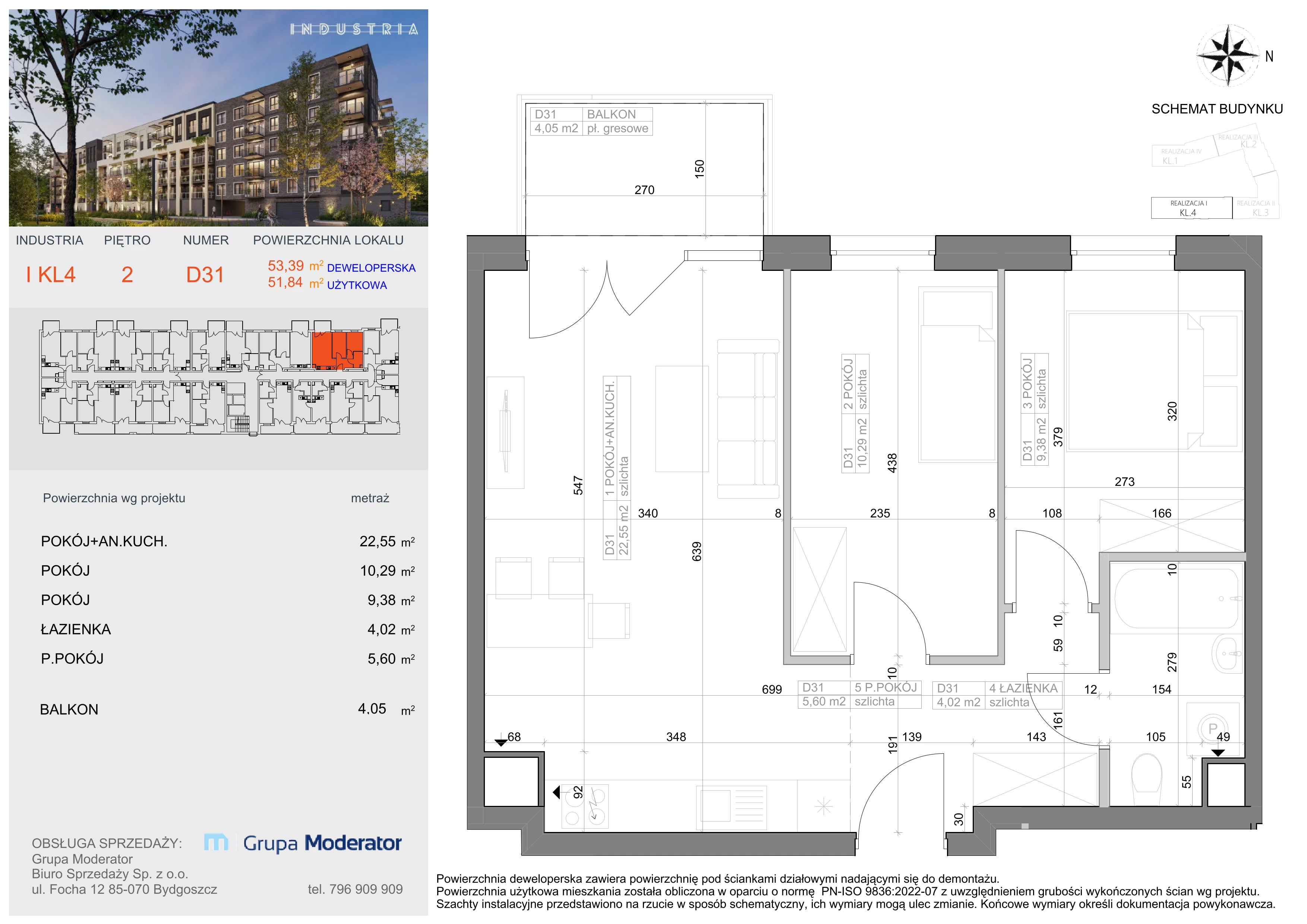 Mieszkanie 51,84 m², piętro 2, oferta nr I-D31, Industria Budynek I-D, Bydgoszcz, Bocianowo, ul. Rycerska 22