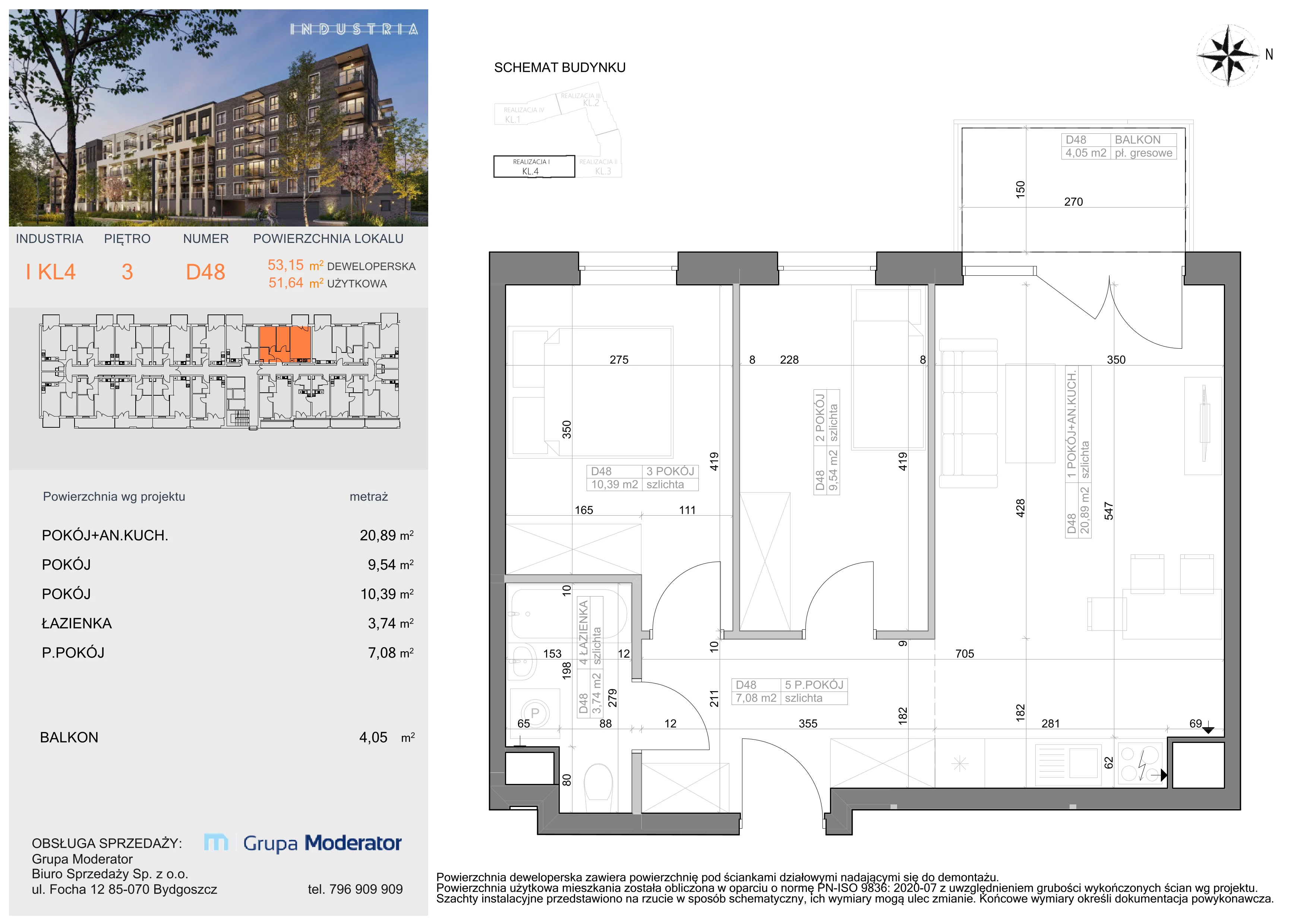 Mieszkanie 51,64 m², piętro 3, oferta nr I-D48, Industria Budynek I-D, Bydgoszcz, Bocianowo, ul. Rycerska 22