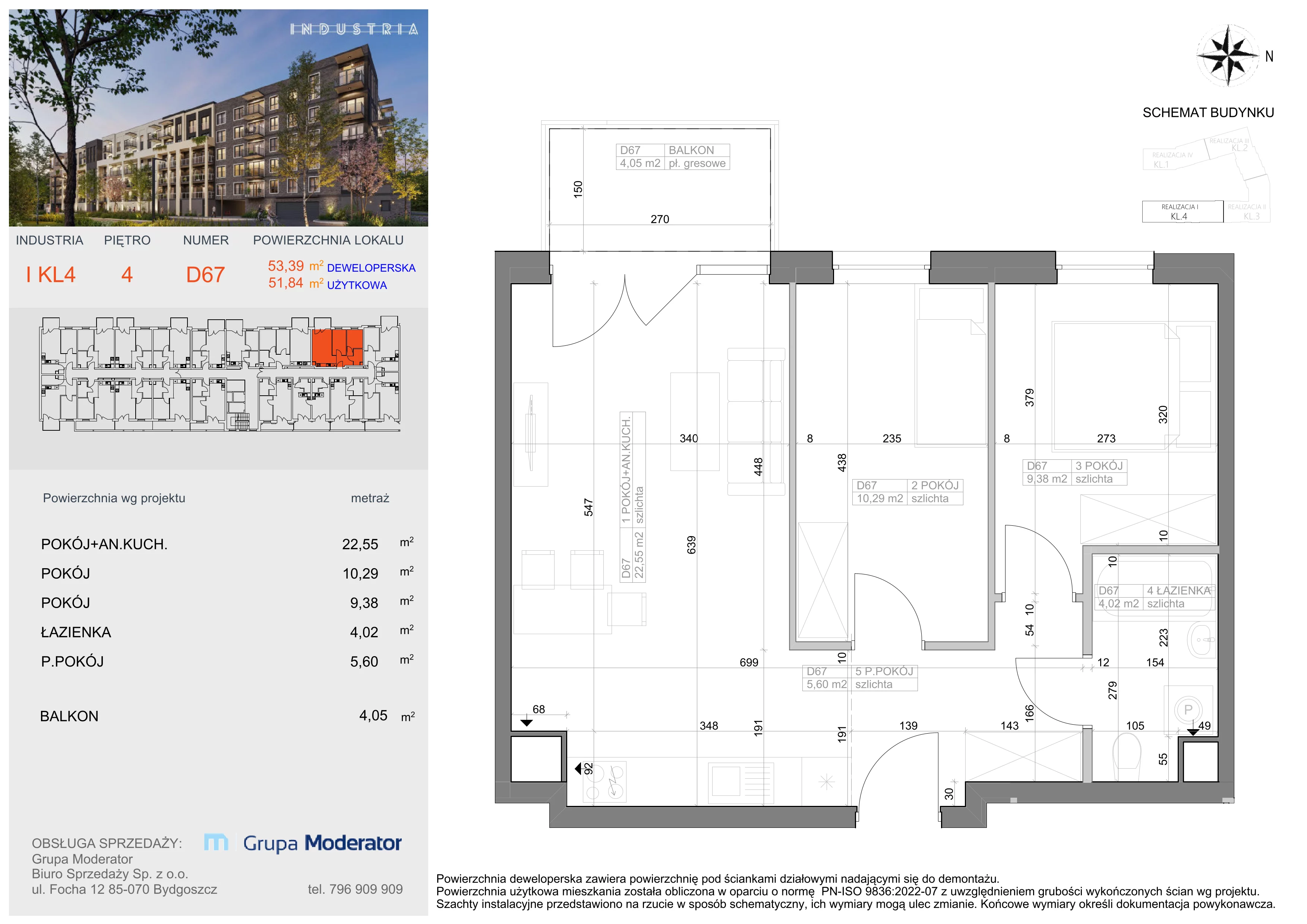 Mieszkanie 51,84 m², piętro 4, oferta nr I-D67, Industria Budynek I-D, Bydgoszcz, Bocianowo, ul. Rycerska 22