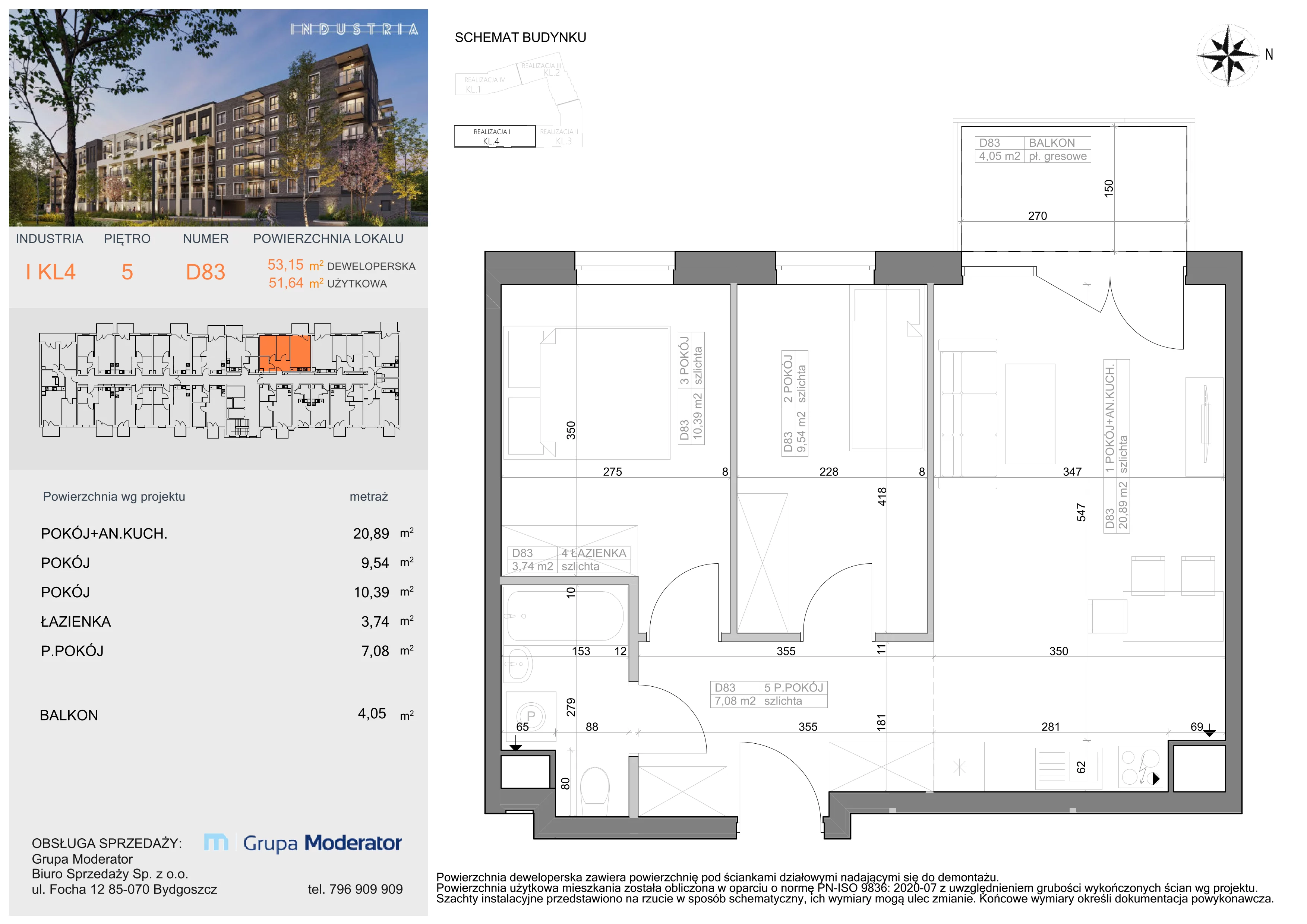 Mieszkanie 51,64 m², piętro 5, oferta nr I-D83, Industria Budynek I-D, Bydgoszcz, Bocianowo, ul. Rycerska 22