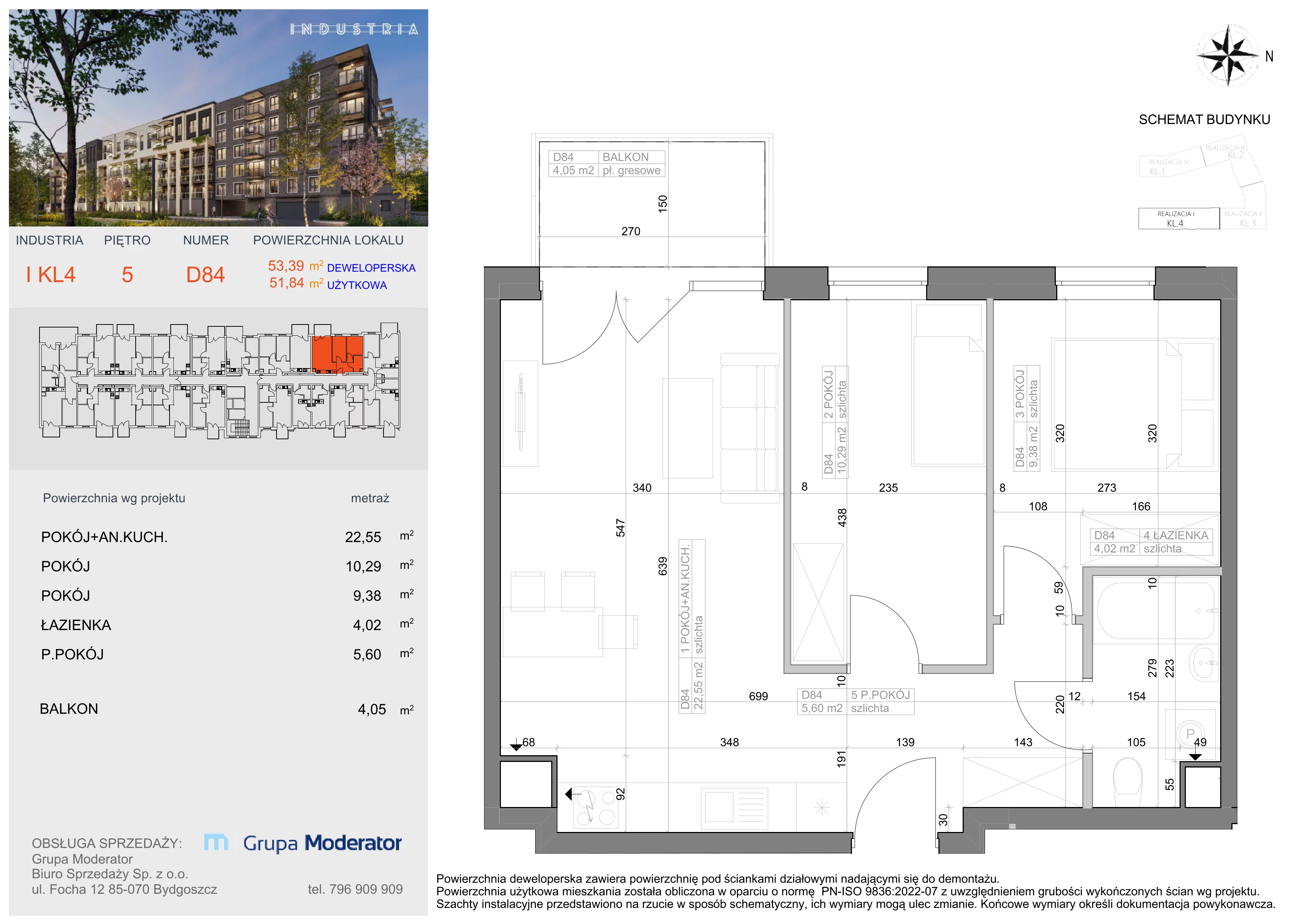 Mieszkanie 51,84 m², piętro 5, oferta nr I-D84, Industria Budynek I-D, Bydgoszcz, Bocianowo, ul. Rycerska 22