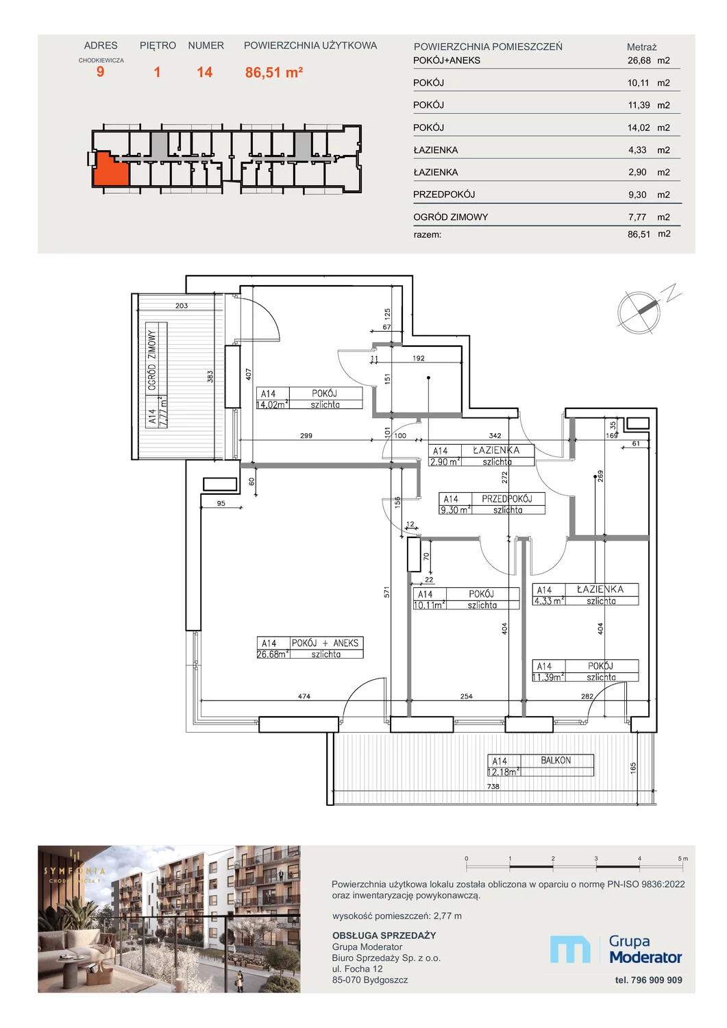 4 pokoje, apartament 86,51 m², piętro 1, oferta nr A14, Osiedle Symfonia, Bydgoszcz, Bielawy, ul. Jana Karola Chodkiewicza 9