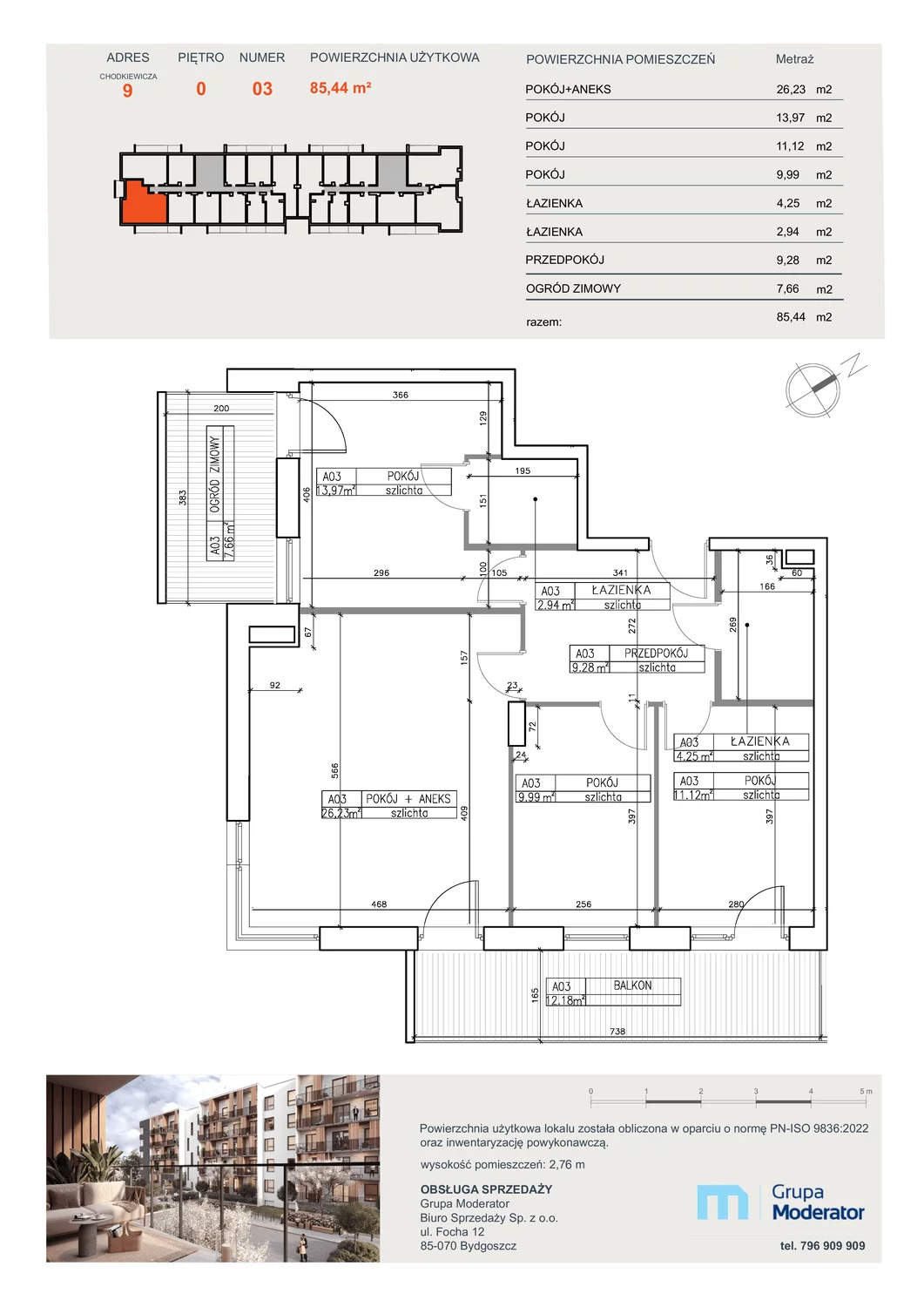 4 pokoje, mieszkanie 85,44 m², parter, oferta nr A3, Osiedle Symfonia, Bydgoszcz, Bielawy, ul. Jana Karola Chodkiewicza 9