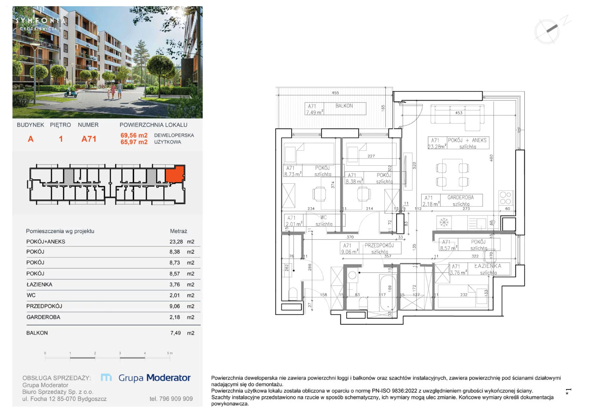 Mieszkanie 65,97 m², piętro 1, oferta nr A71, Osiedle Symfonia, Bydgoszcz, Bielawy, ul. Jana Karola Chodkiewicza 9