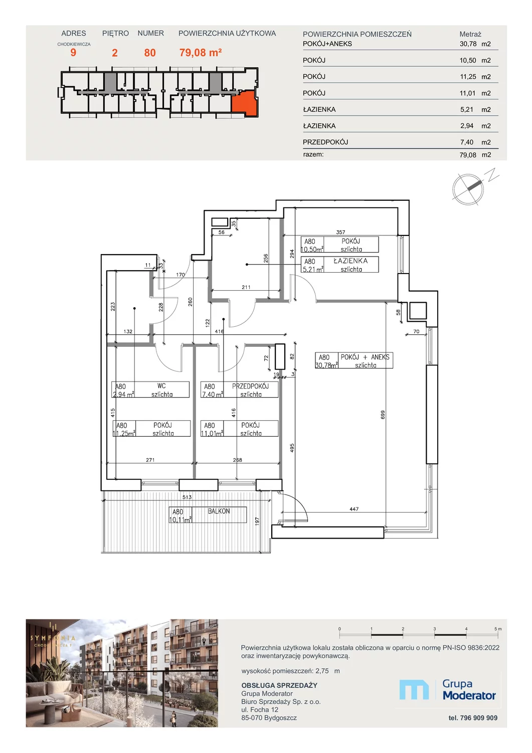 Mieszkanie 79,08 m², piętro 2, oferta nr A80, Osiedle Symfonia, Bydgoszcz, Bielawy, ul. Jana Karola Chodkiewicza 9