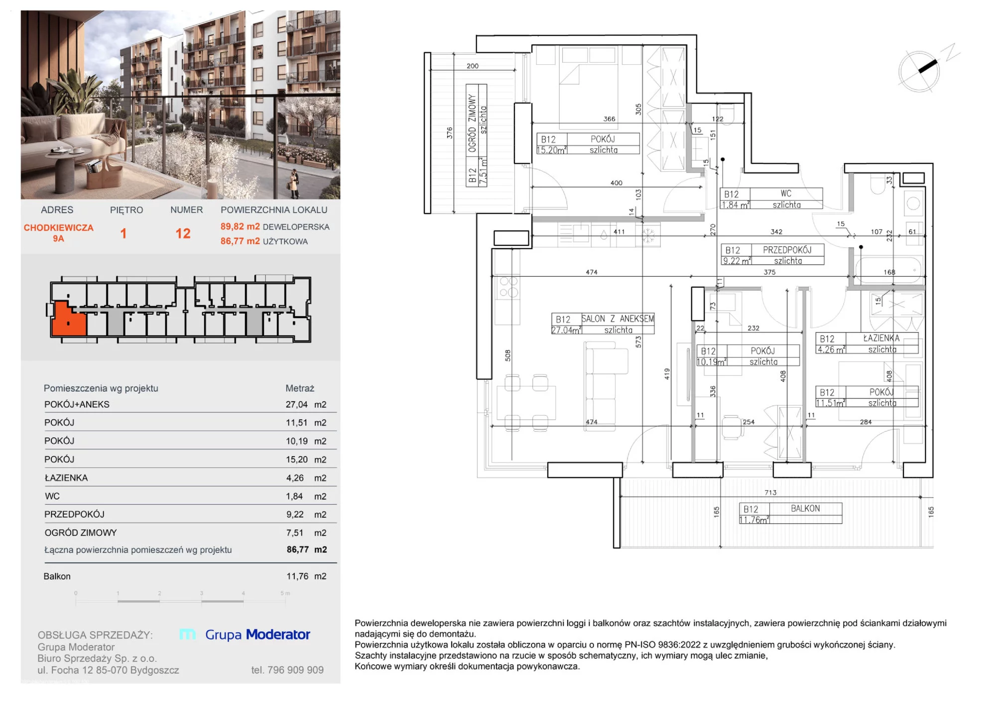 Apartament 86,77 m², piętro 1, oferta nr B12, Osiedle Symfonia, Bydgoszcz, Bielawy, ul. Jana Karola Chodkiewicza 9