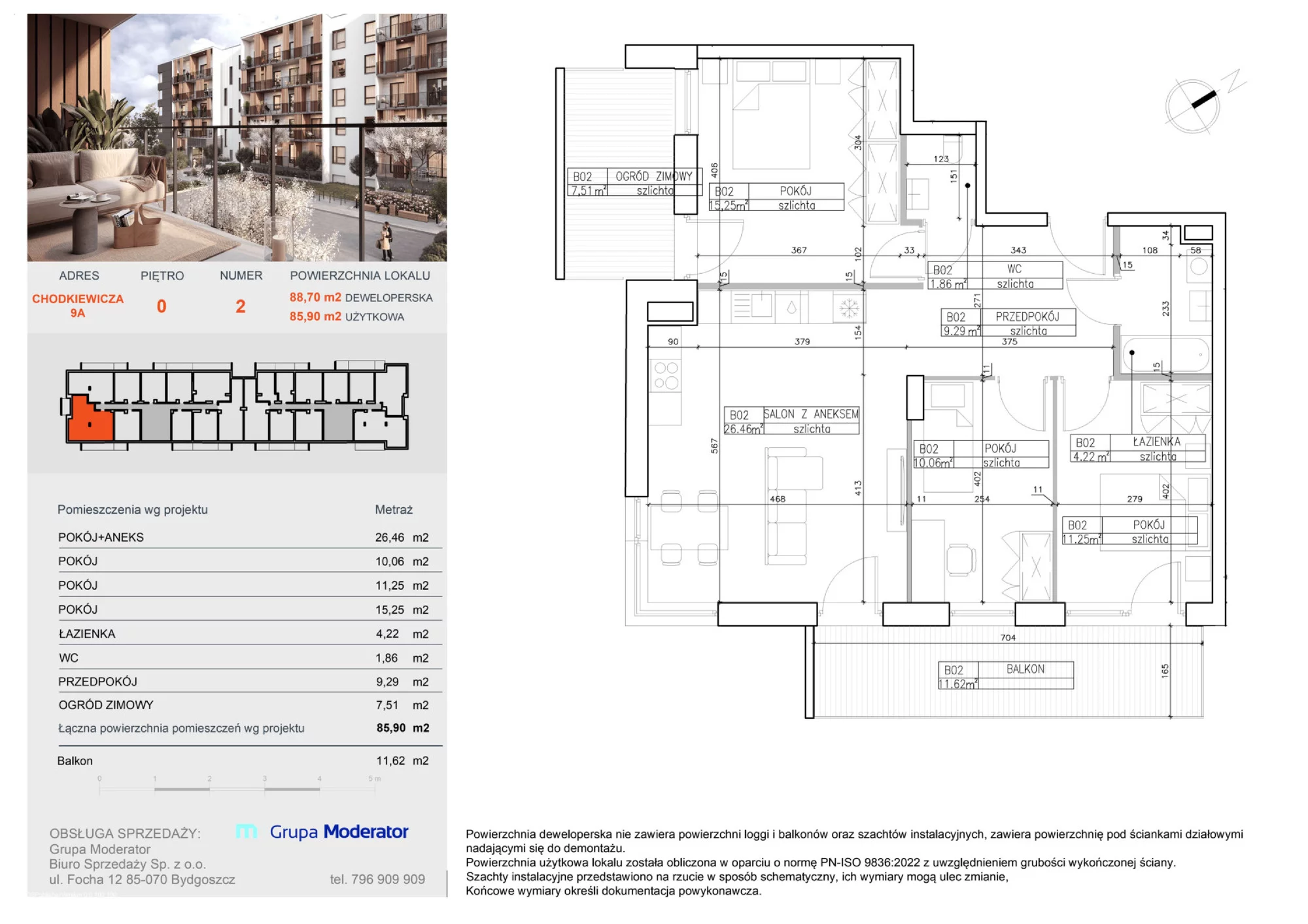 4 pokoje, mieszkanie 85,90 m², parter, oferta nr B2, Osiedle Symfonia, Bydgoszcz, Bielawy, ul. Jana Karola Chodkiewicza 9