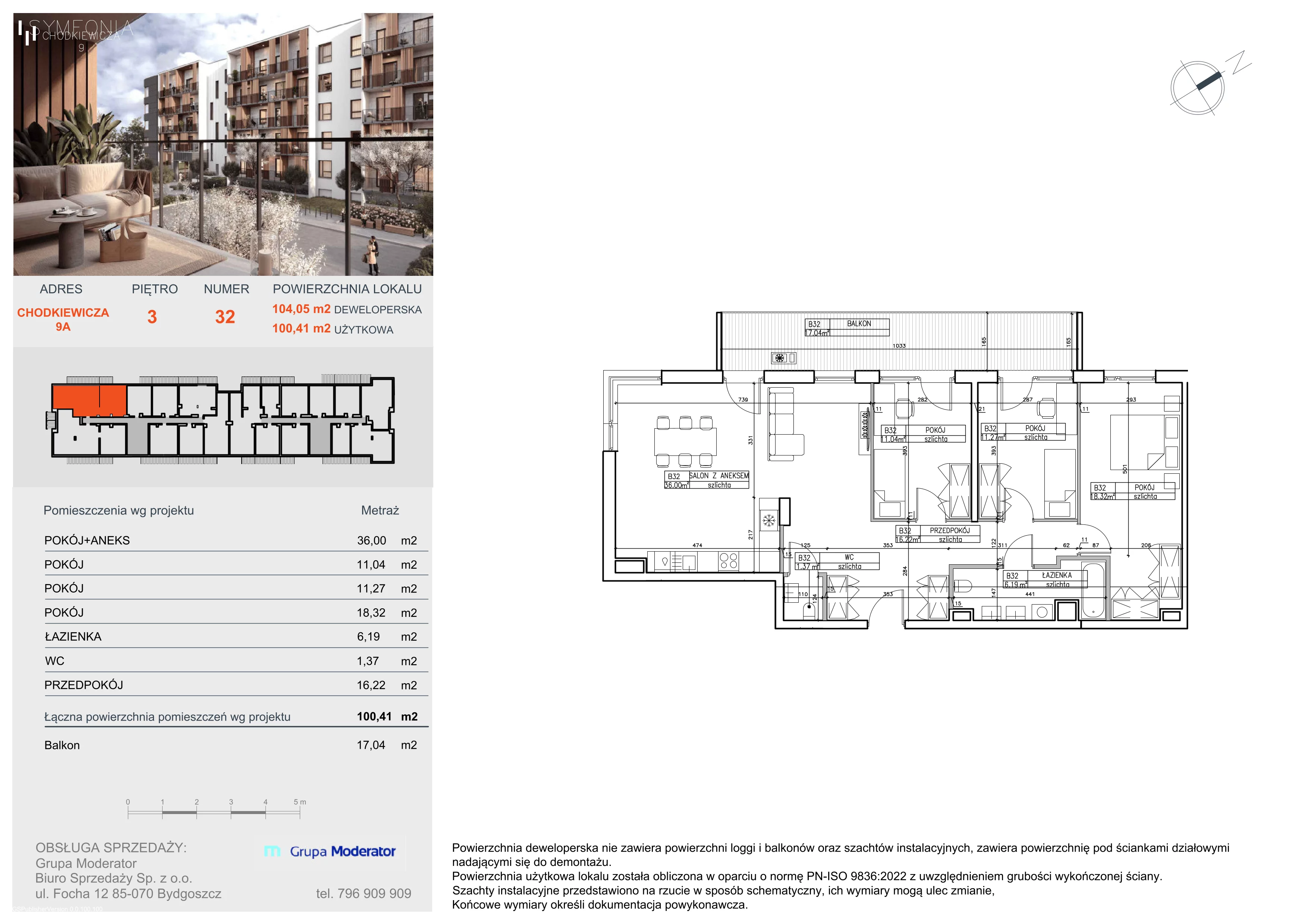 4 pokoje, apartament 100,41 m², piętro 3, oferta nr B32, Osiedle Symfonia, Bydgoszcz, Bielawy, ul. Jana Karola Chodkiewicza 9