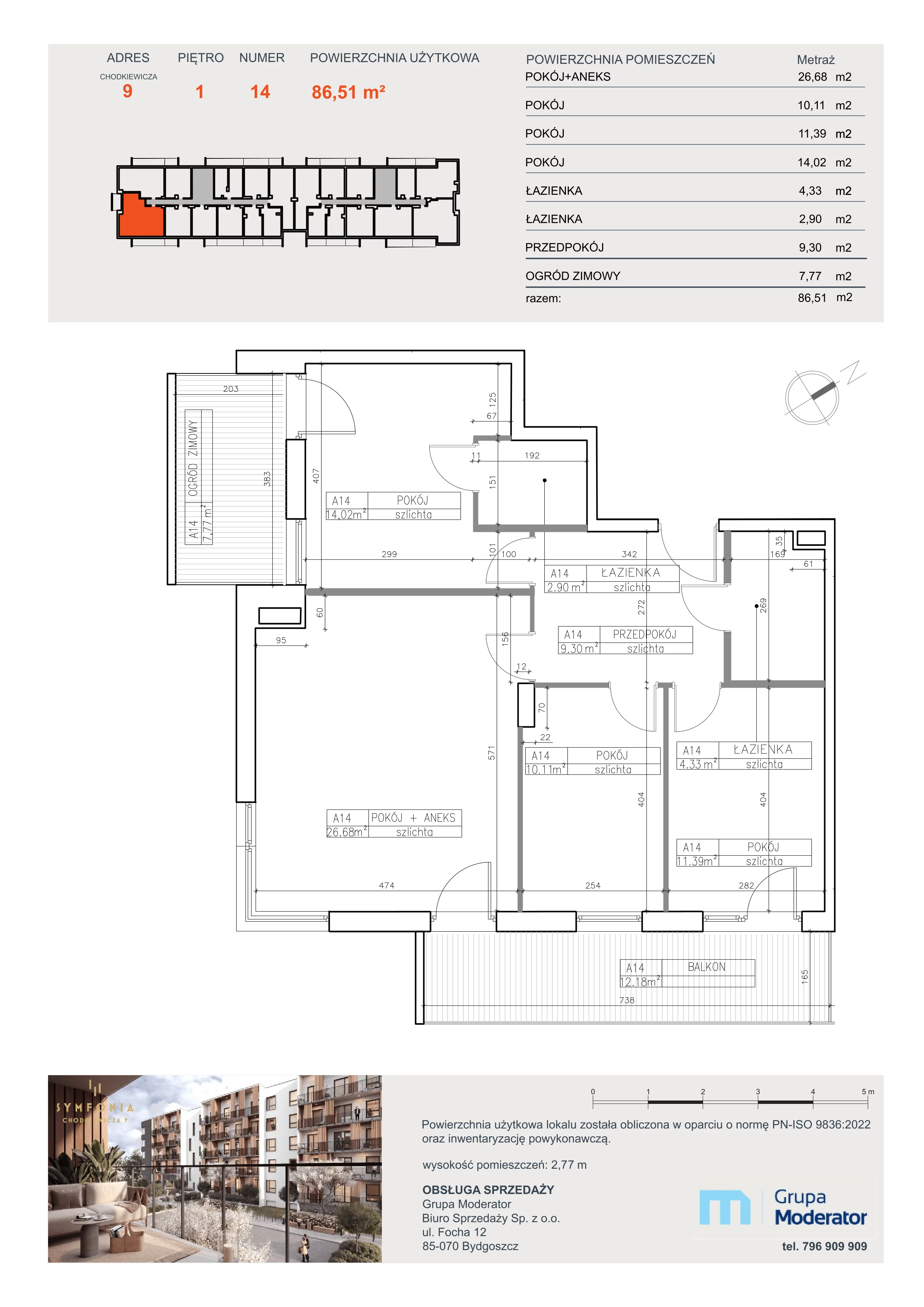 4 pokoje, apartament 86,51 m², piętro 1, oferta nr A14, Osiedle Symfonia, Bydgoszcz, Bielawy, ul. Jana Karola Chodkiewicza 9