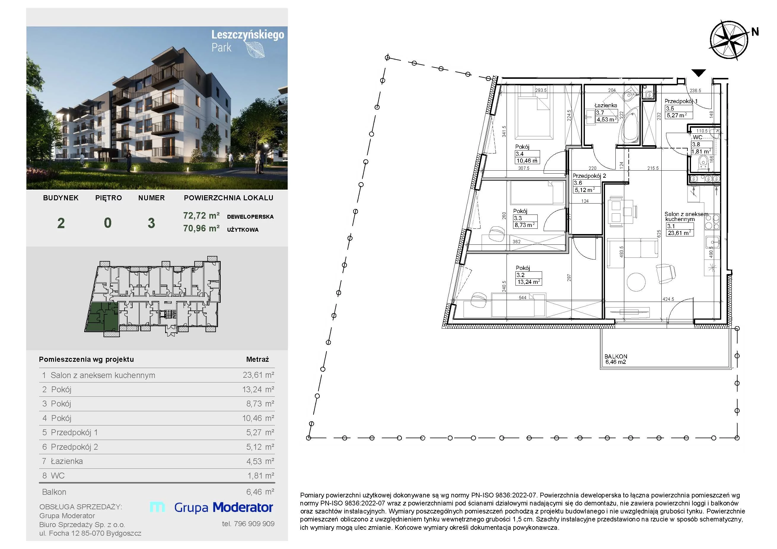 Mieszkanie 70,96 m², parter, oferta nr III/3, Leszczyńskiego Park, Bydgoszcz, Szwederowo, ul. Leszczyńskiego